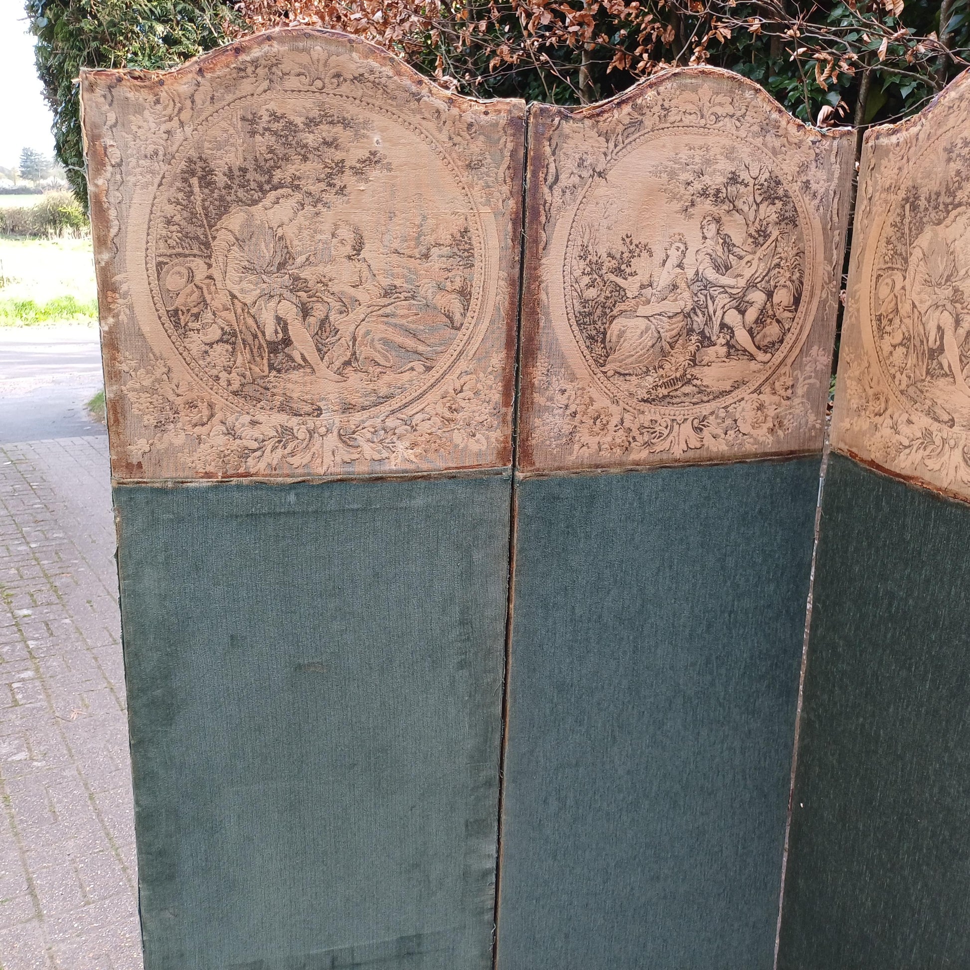 Vintage Double Sided Folding Screen 4 Panel Room Divider Rococo Tapestry Scenes and Green Fabric Country Antique Style FREE HAND Delivery