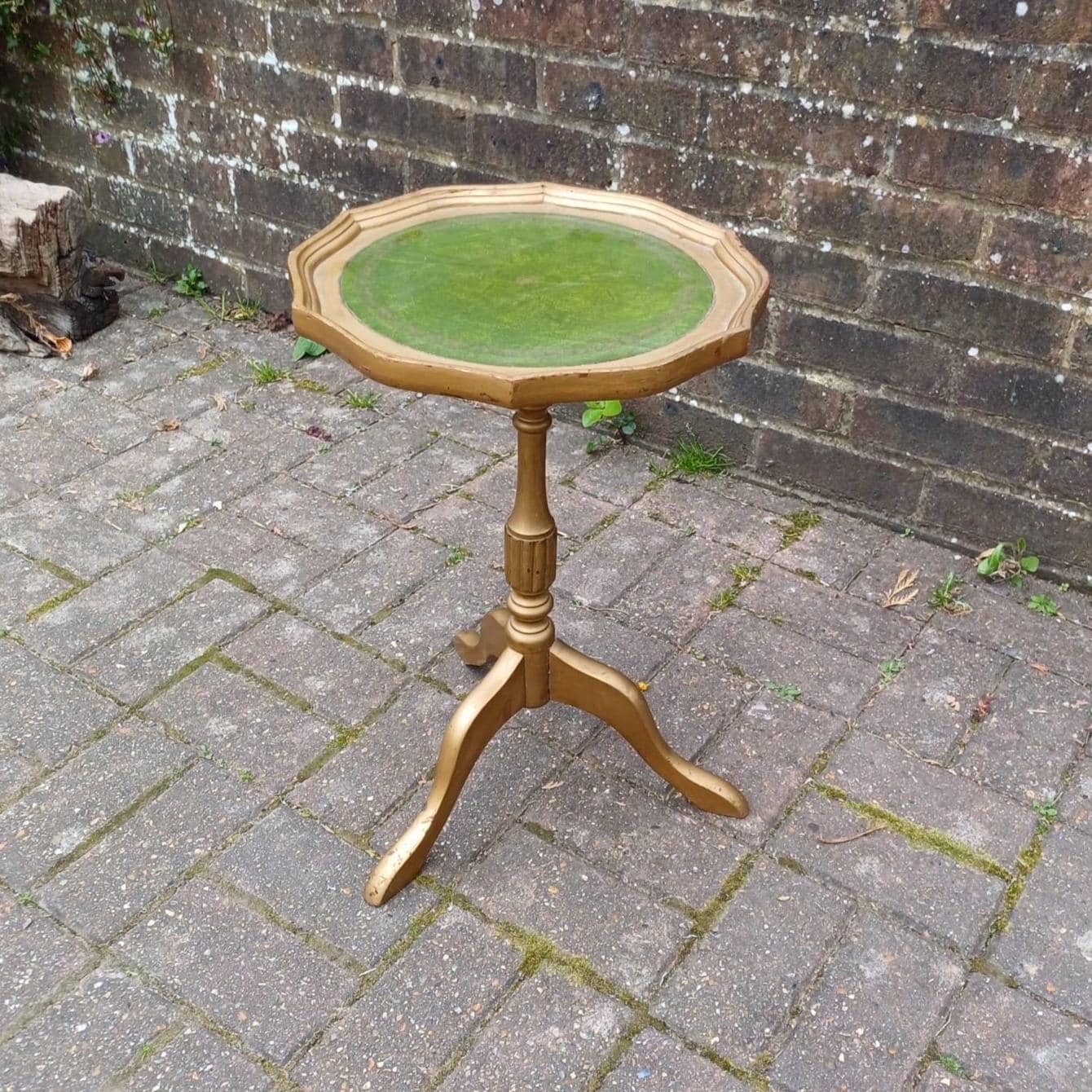 Vintage upcycled wine table, side or lamp table - gorgeous 1980s table with a matt gold painted finish & the original green leatherette top