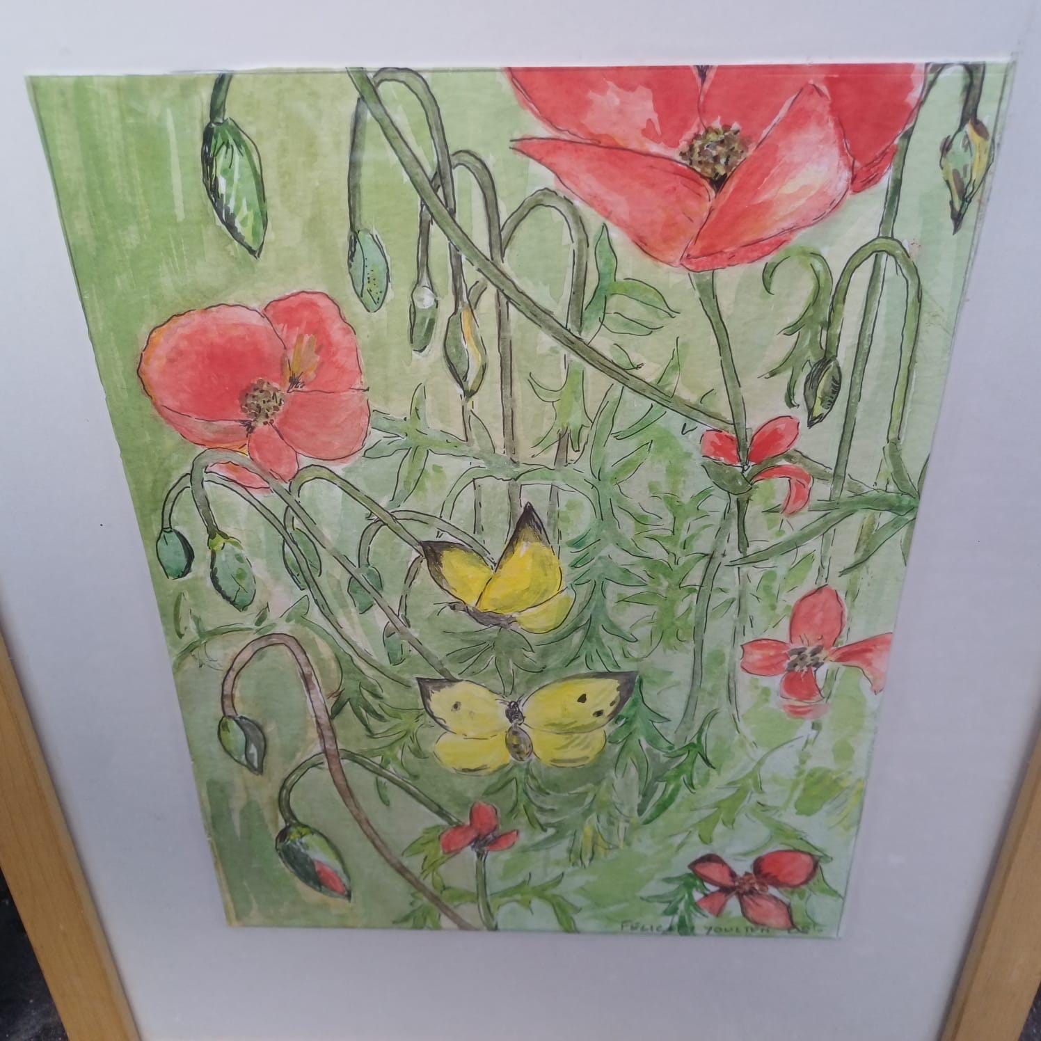 Four Vintage Frames in a light coloured wood with water colour paintings by Felicity Youlten
