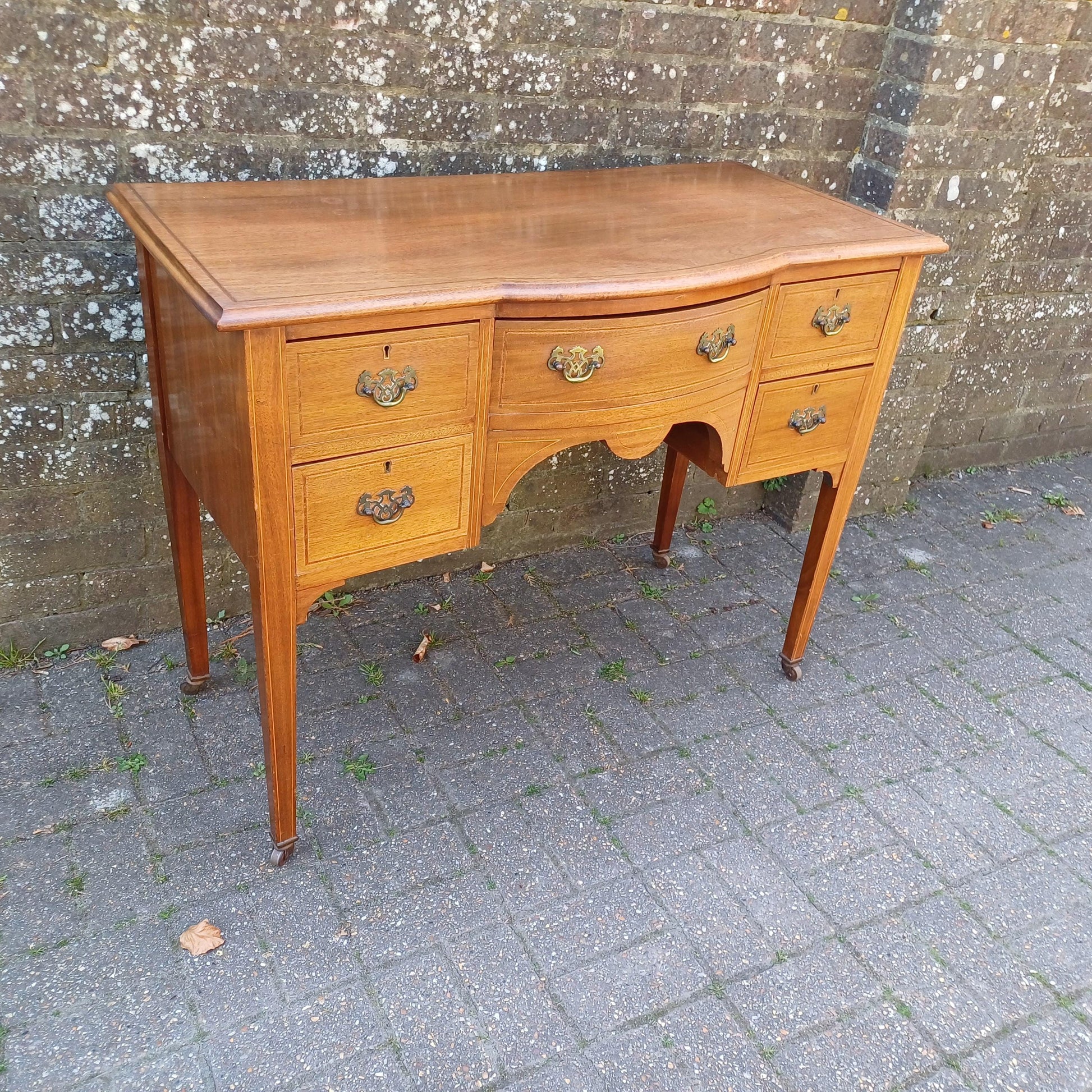 DRAFT Vintage Serpentine Mahogany Sideboard Georgian Edwardian Style Dressing Chest Inlaid Veneer Brass Handles Furniture FREE HAND Delivery