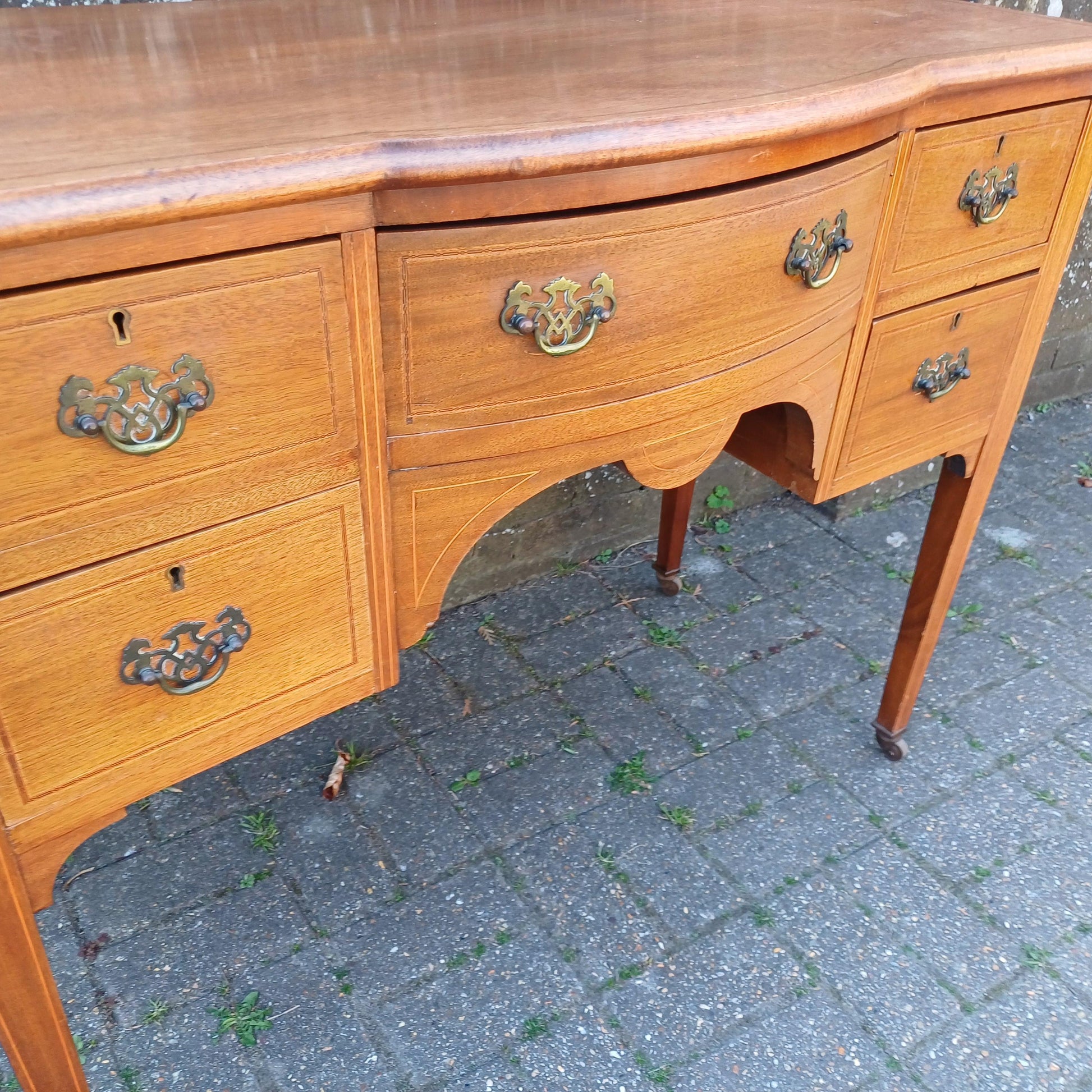 DRAFT Vintage Serpentine Mahogany Sideboard Georgian Edwardian Style Dressing Chest Inlaid Veneer Brass Handles Furniture FREE HAND Delivery