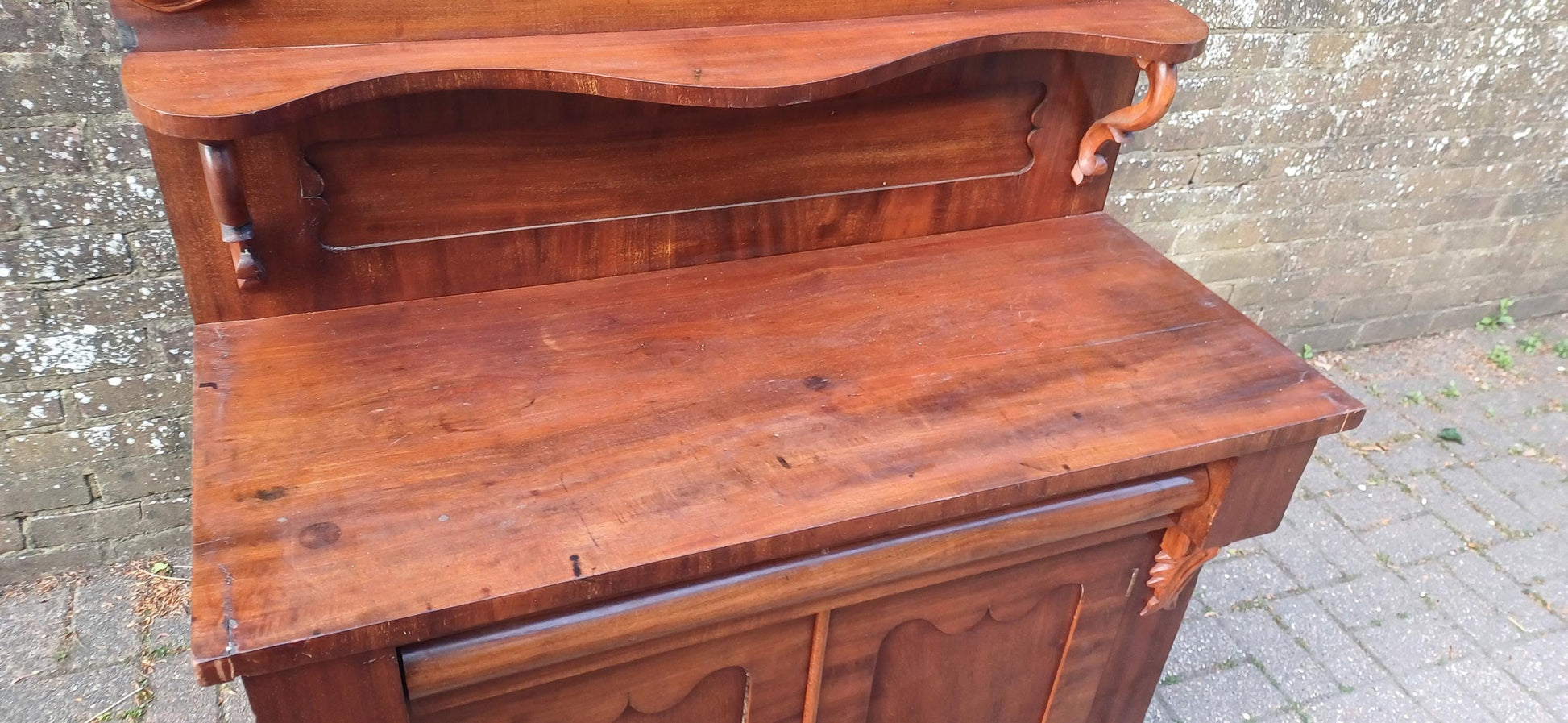Victorian Rococo Revival Mahogany Chiffoniere 19th Century Antique Sideboard with Carved Pediment & Gothic Panels FREE HAND Delivery