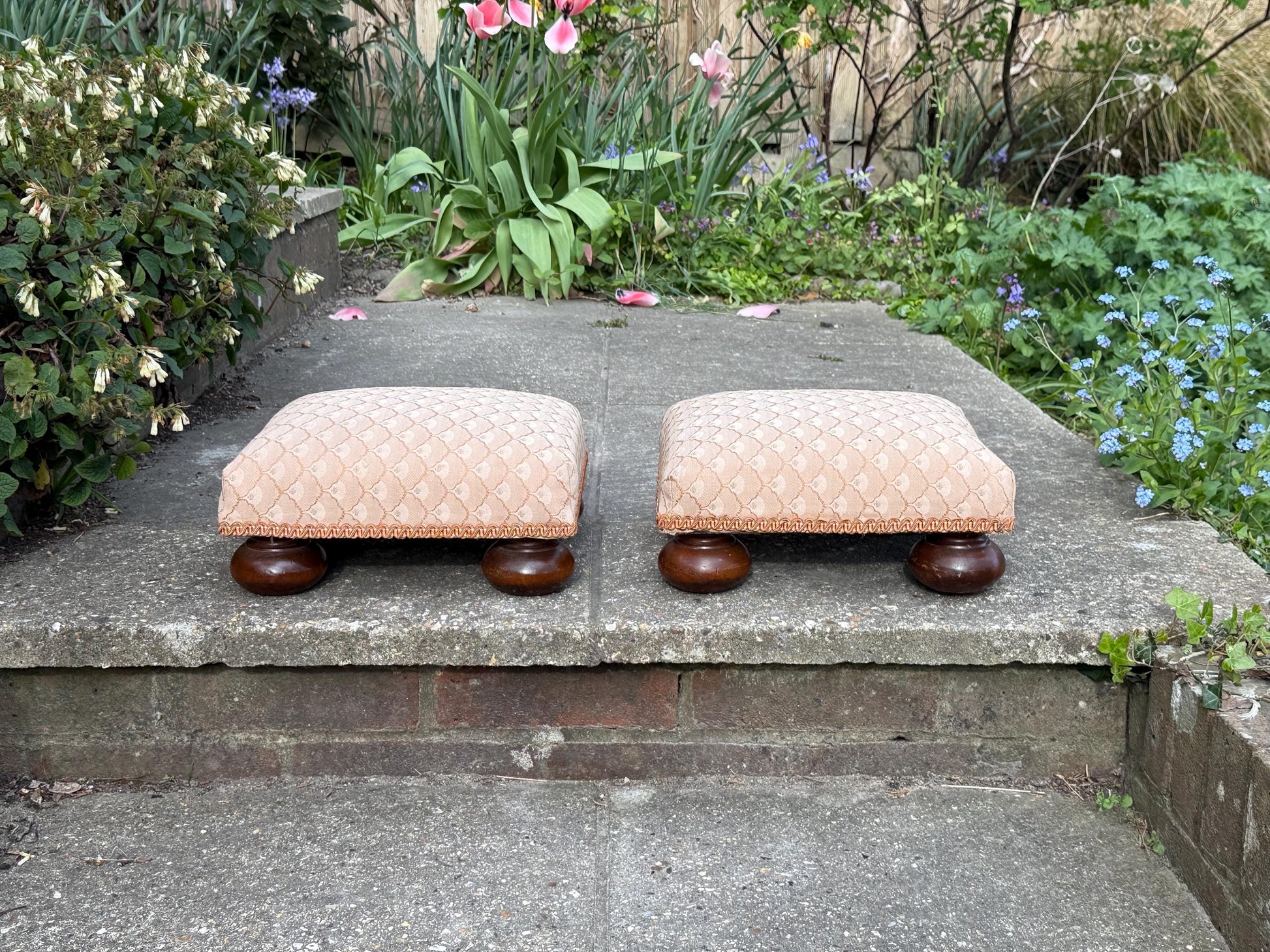 Vintage His & Hers foot stools, vintage footstools, matching pair of upholstered foot stools on bun feet