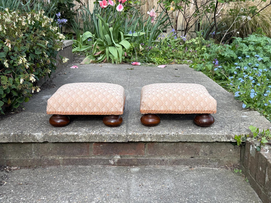 Vintage His & Hers foot stools, vintage footstools, matching pair of upholstered foot stools on bun feet
