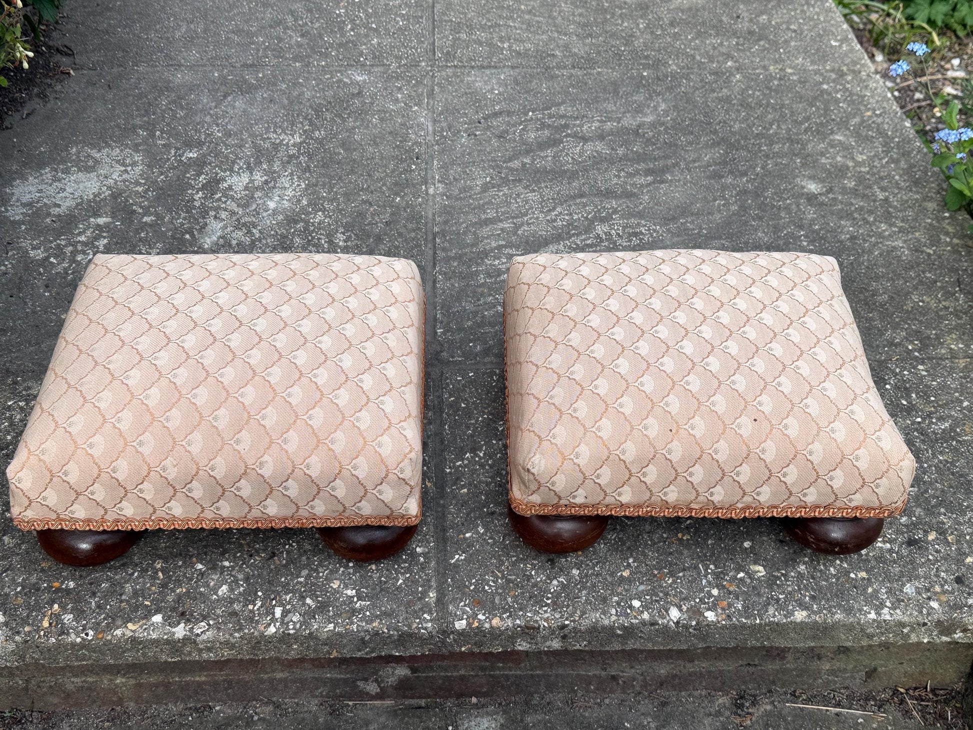 Vintage His & Hers foot stools, vintage footstools, matching pair of upholstered foot stools on bun feet