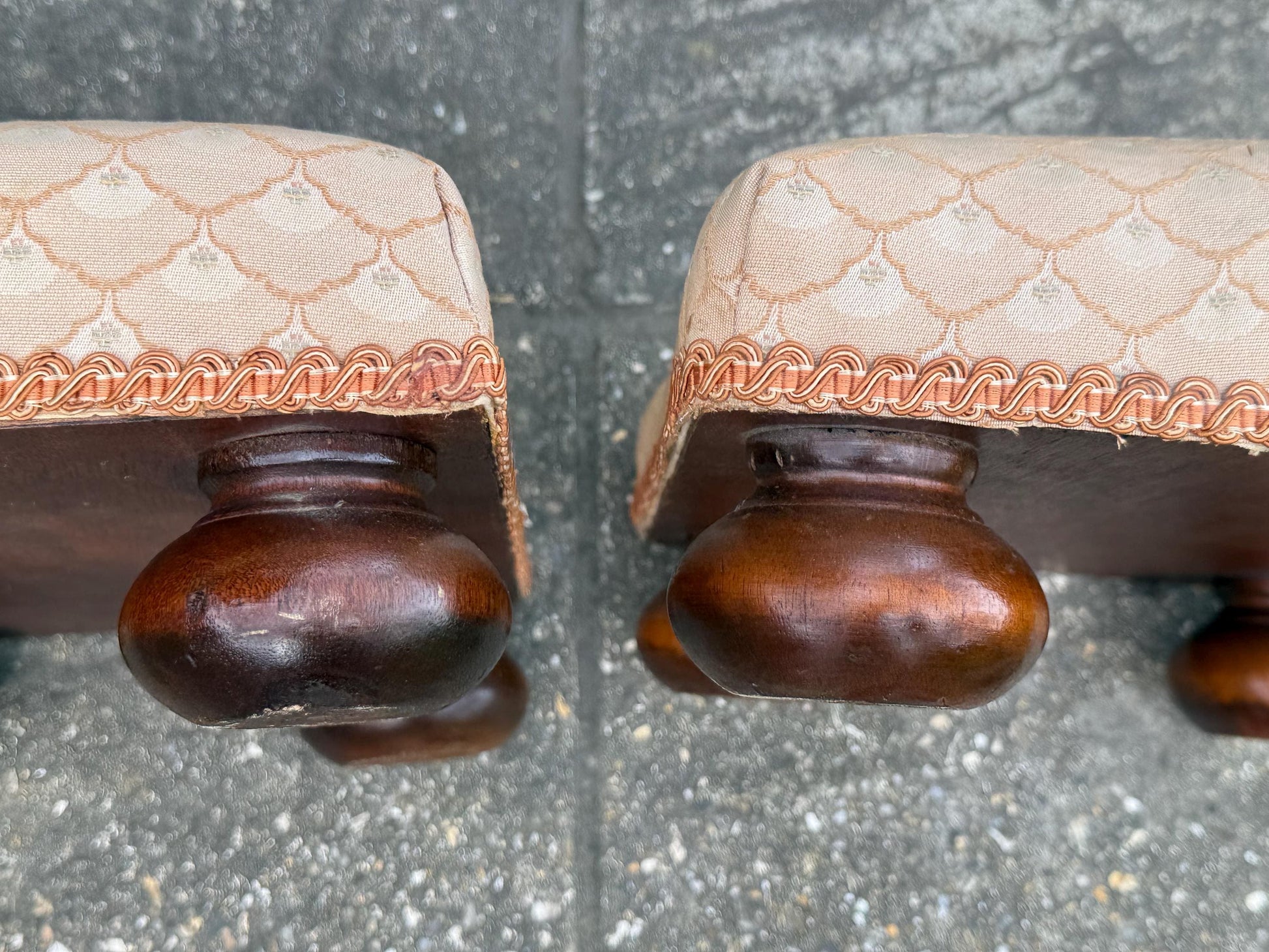 Vintage His & Hers foot stools, vintage footstools, matching pair of upholstered foot stools on bun feet