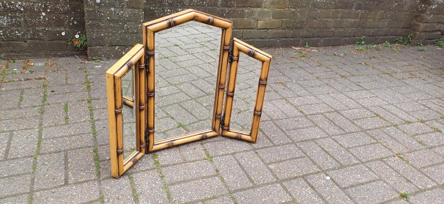 Vintage 80s Faux Bamboo Folding Vanity Mirror – Triple Bevelled Dressing Table Mirror with Adjustable Panels