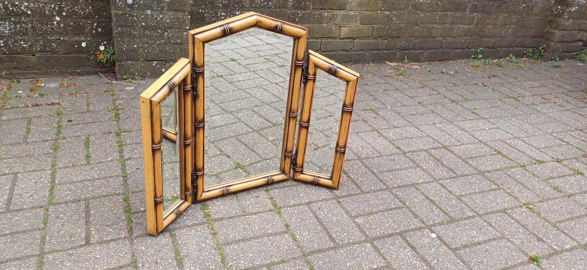 Vintage 80s Faux Bamboo Folding Vanity Mirror – Triple Bevelled Dressing Table Mirror with Adjustable Panels