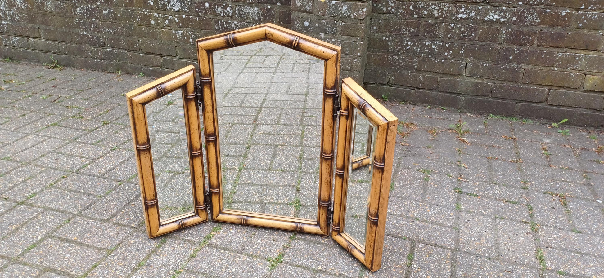 Vintage 80s Faux Bamboo Folding Vanity Mirror – Triple Bevelled Dressing Table Mirror with Adjustable Panels