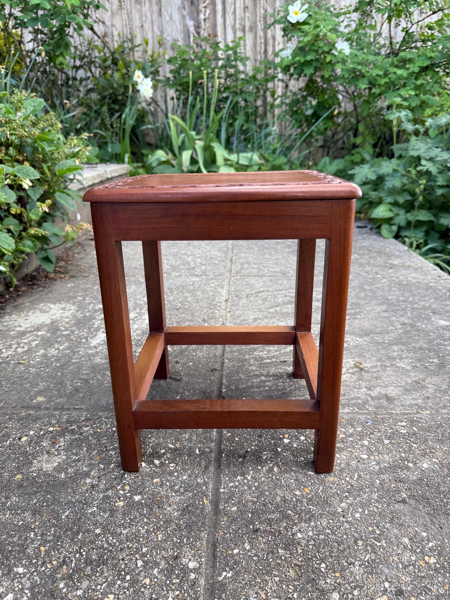 Vintage hand carved side table, leaf border accent, storage drawer, 1950s small wooden table or plant stand, occasional small table