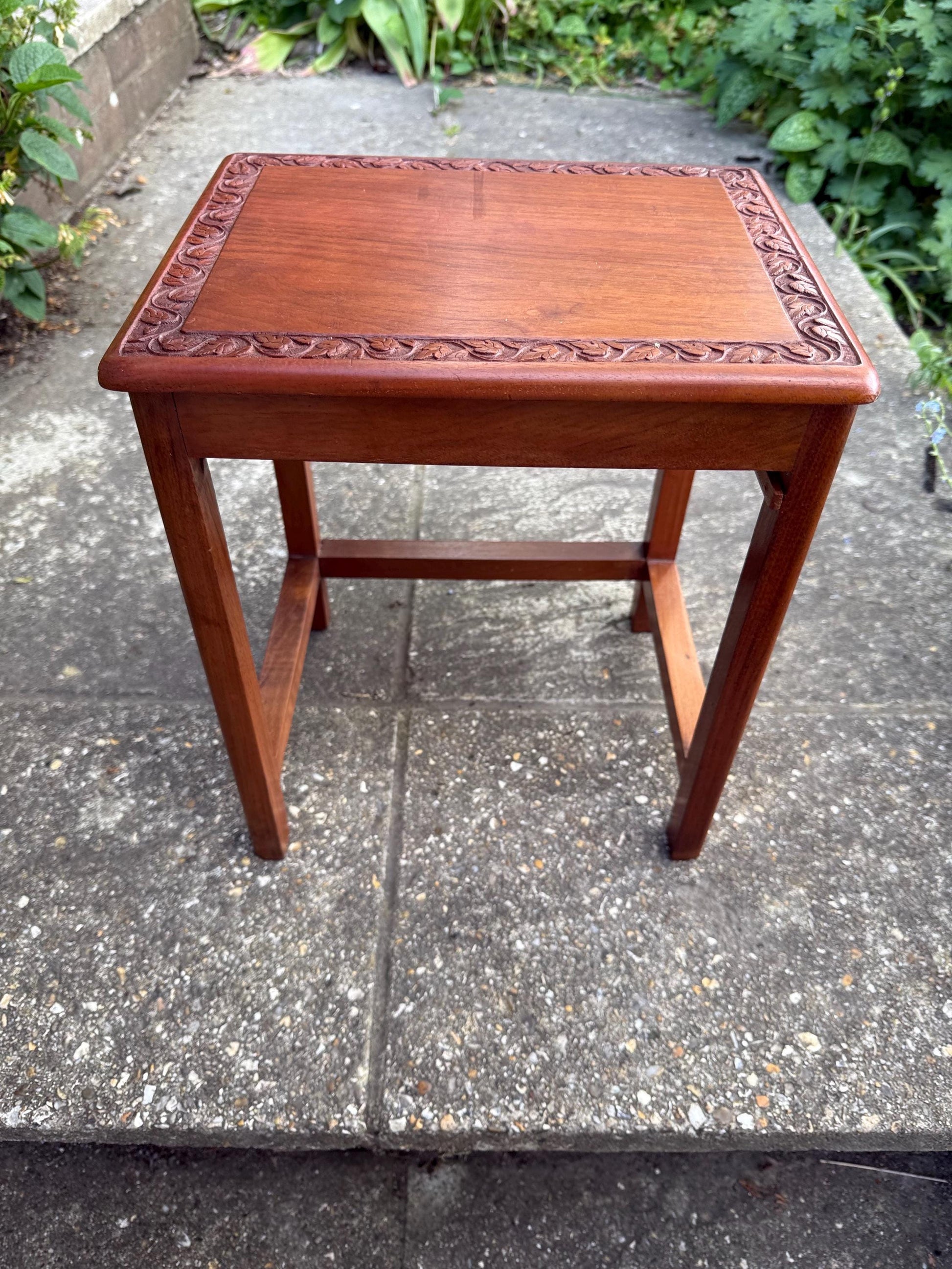 Delightful hand carved vintage 1950s occasional table with secret storage compartment; small side table, plant stand, mid century table