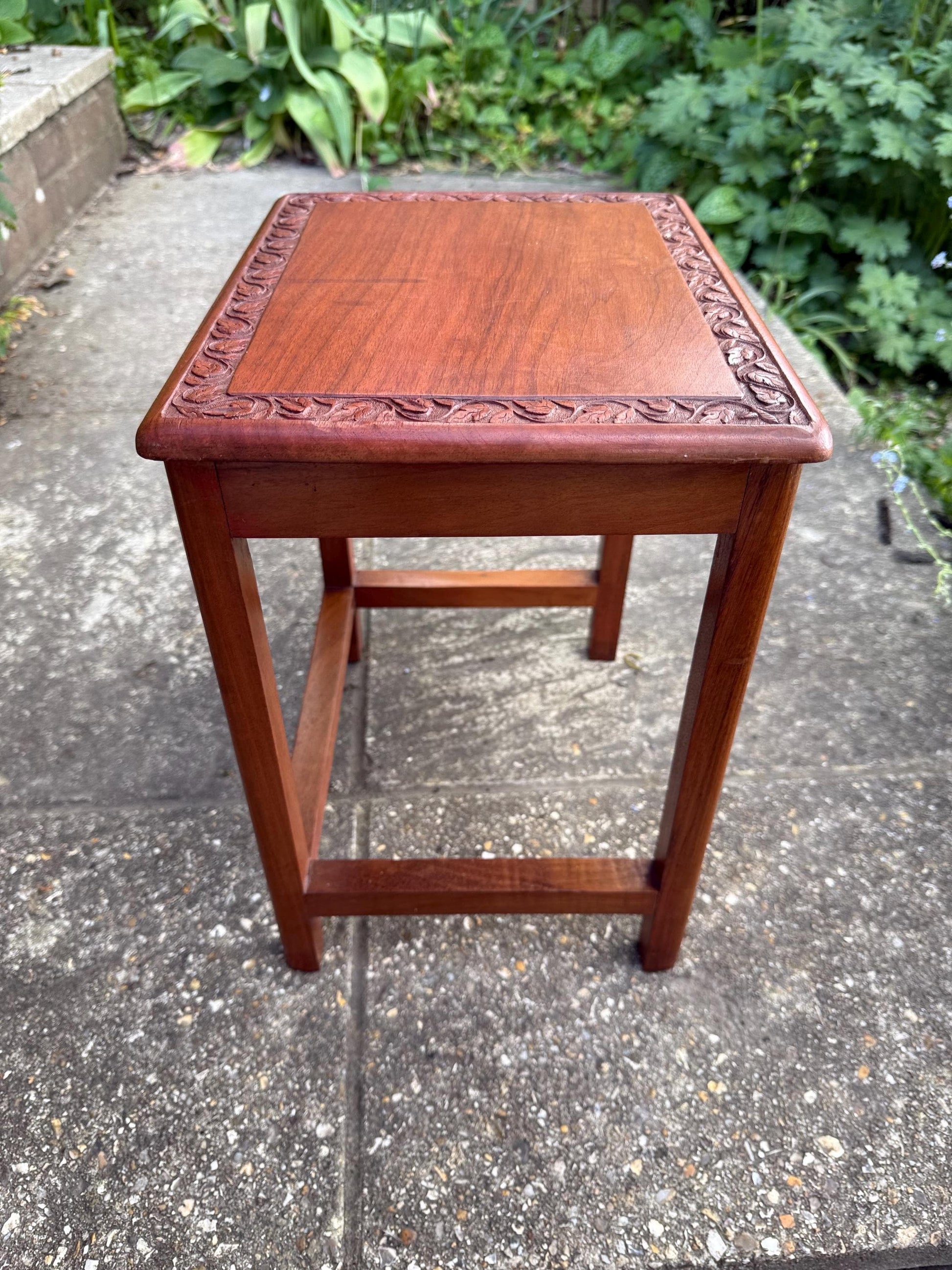 Delightful hand carved vintage 1950s occasional table with secret storage compartment; small side table, plant stand, mid century table