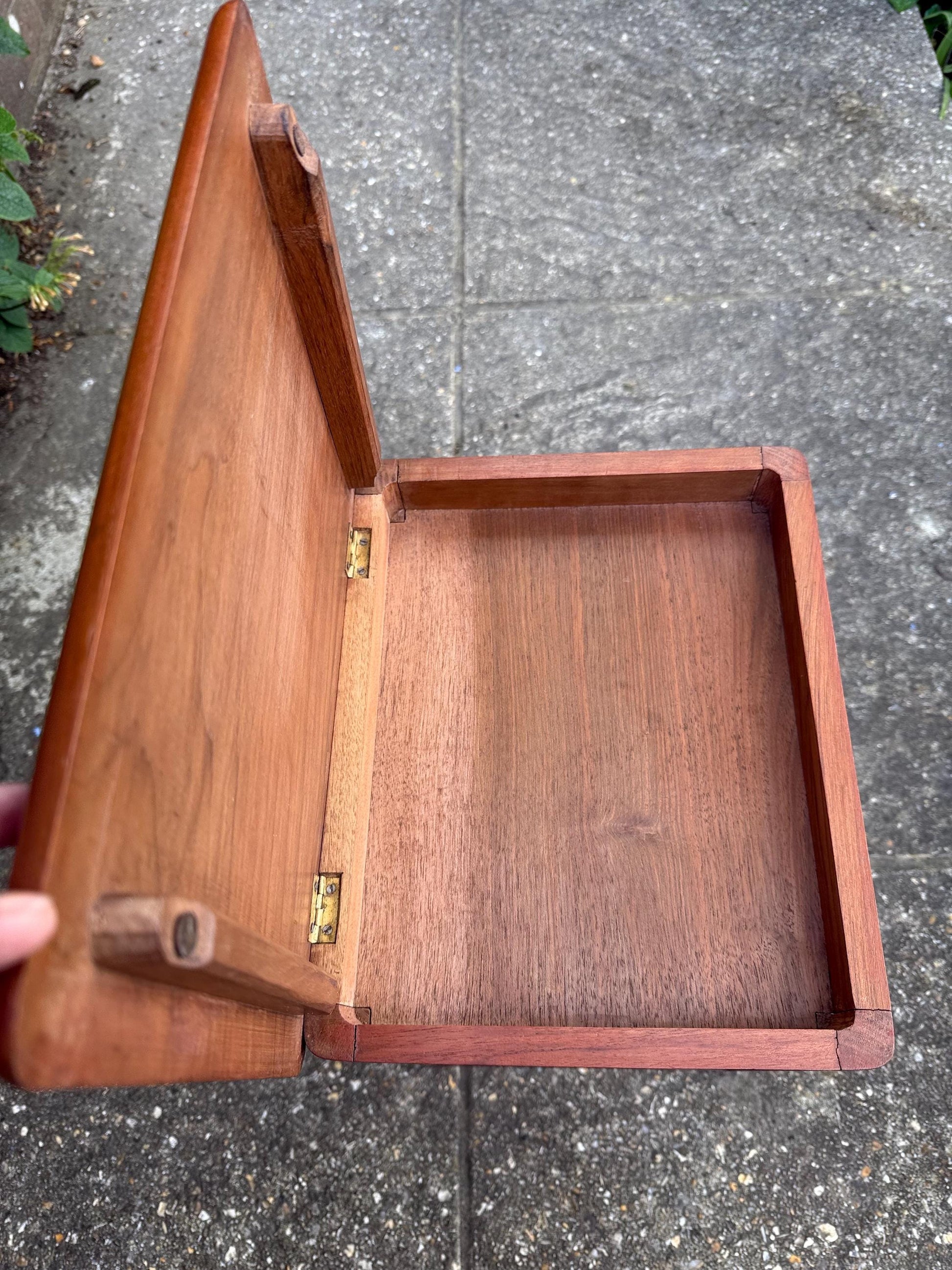 Delightful hand carved vintage 1950s occasional table with secret storage compartment; small side table, plant stand, mid century table