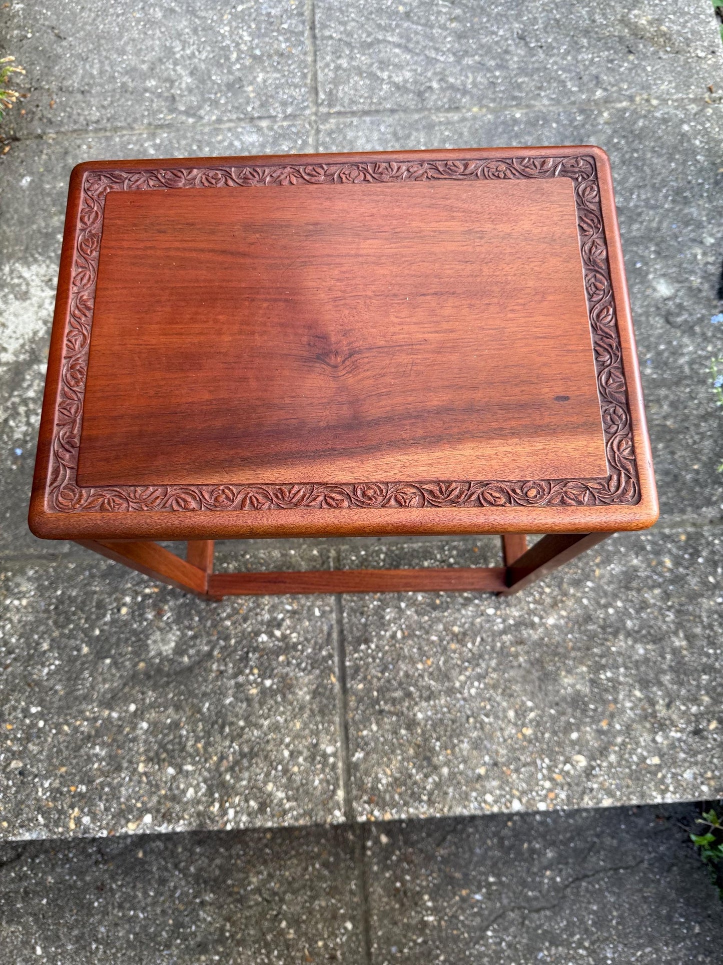 Delightful hand carved vintage 1950s occasional table with secret storage compartment; small side table, plant stand, mid century table
