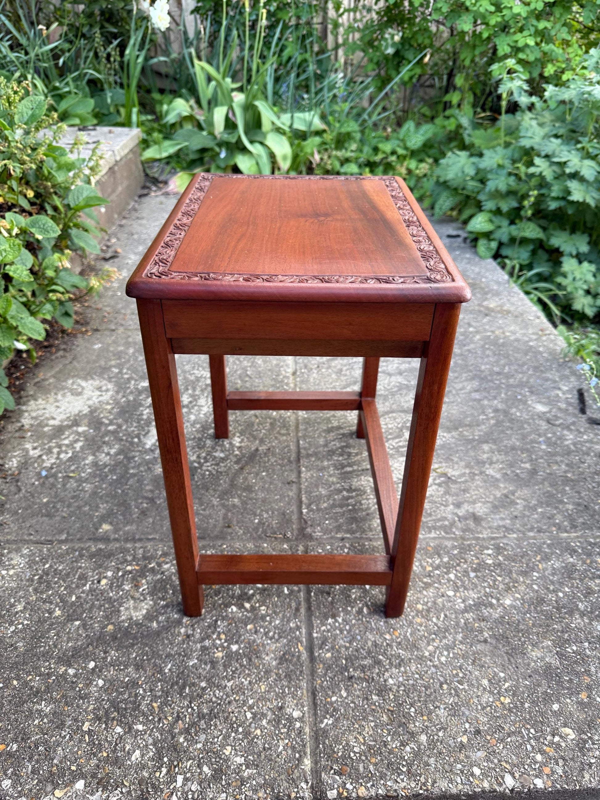 Delightful hand carved vintage 1950s occasional table with secret storage compartment; small side table, plant stand, mid century table