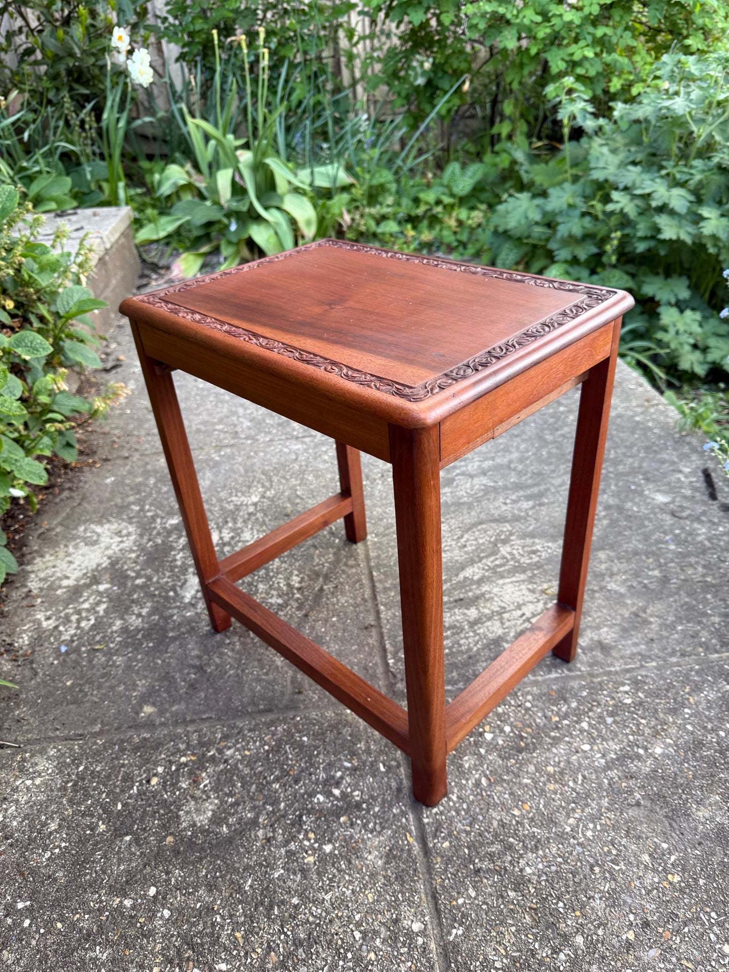 Delightful hand carved vintage 1950s occasional table with secret storage compartment; small side table, plant stand, mid century table