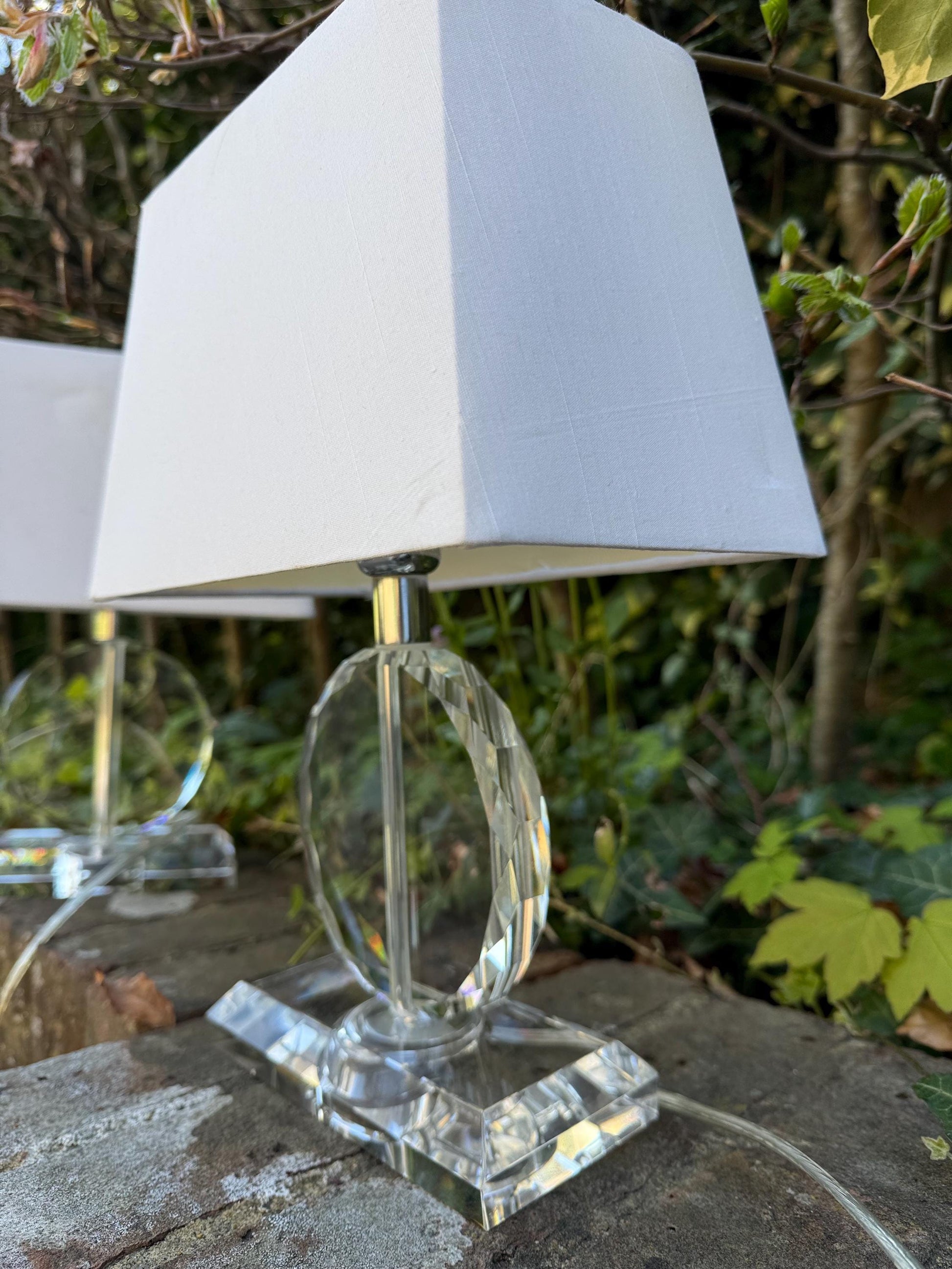 Pair crystal cut glass vintage table lamps, vintage glass lamps, with shades, working PAT tested x 2