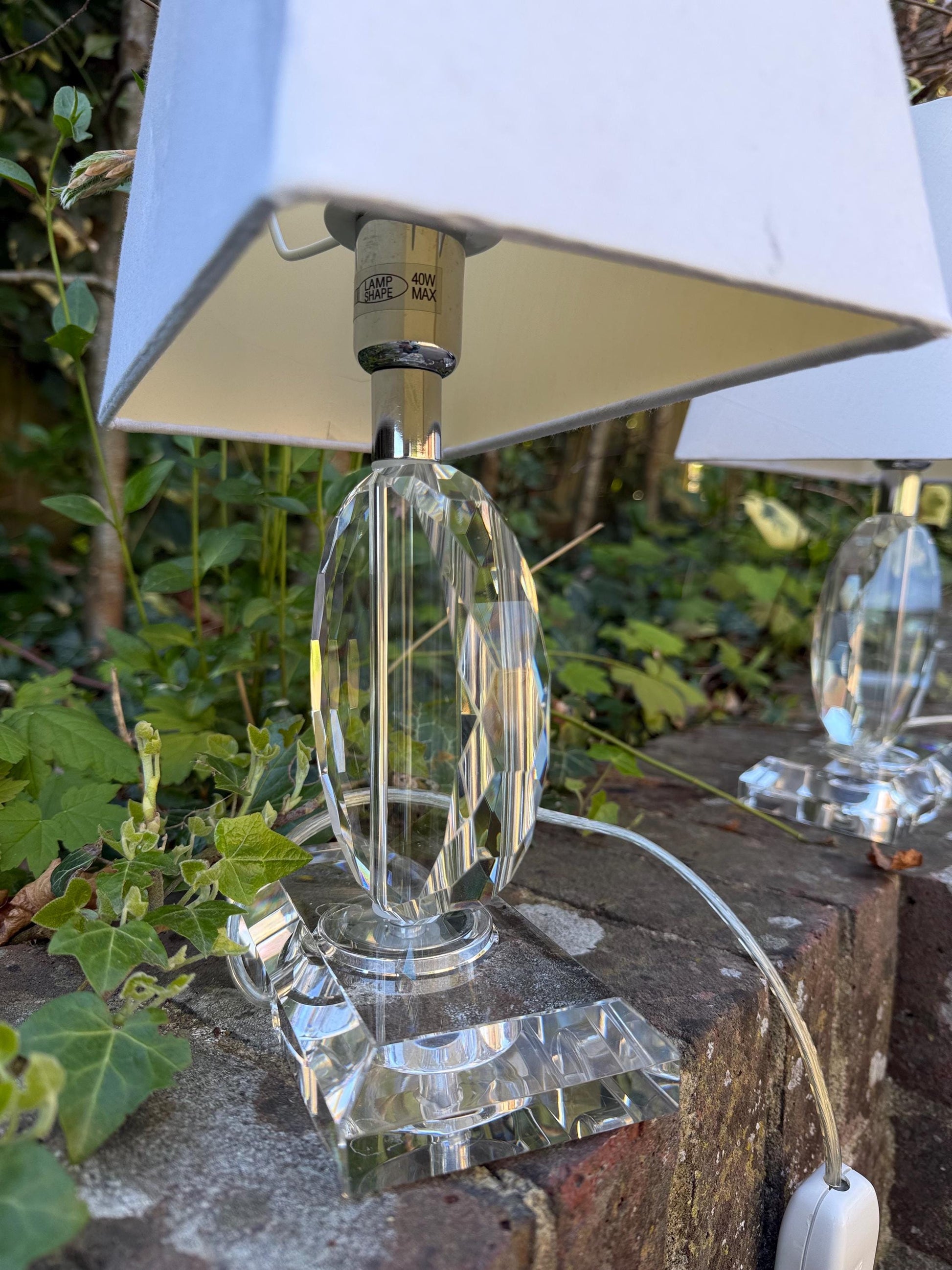 Pair crystal cut glass vintage table lamps, vintage glass lamps, with shades, working PAT tested x 2