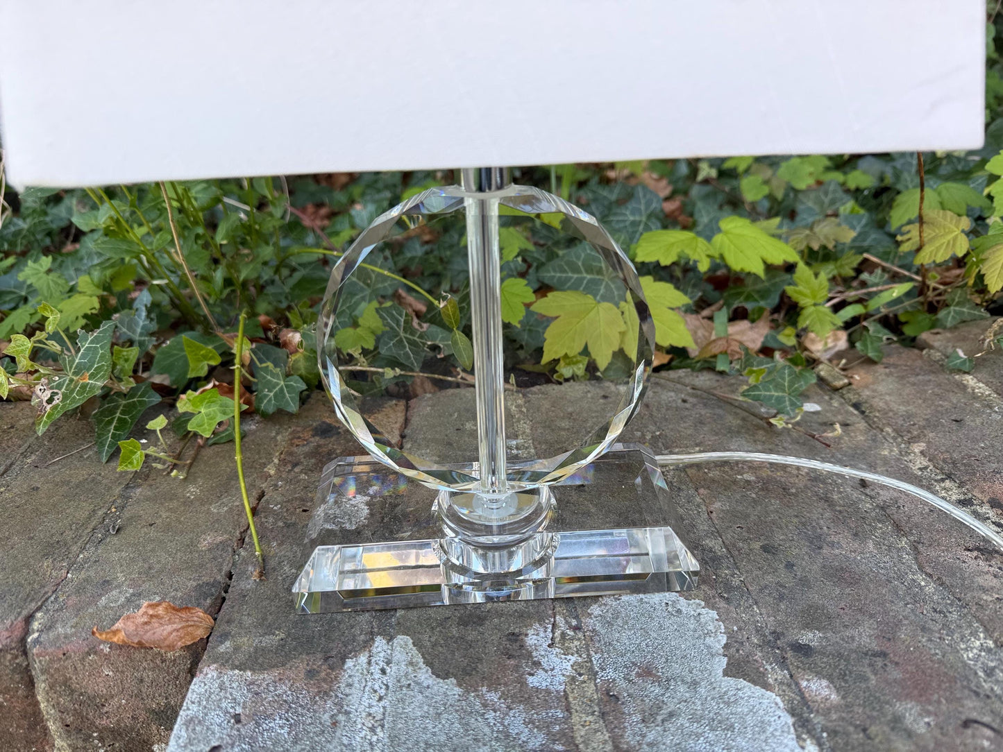 Pair crystal cut glass vintage table lamps, vintage glass lamps, with shades, working PAT tested x 2