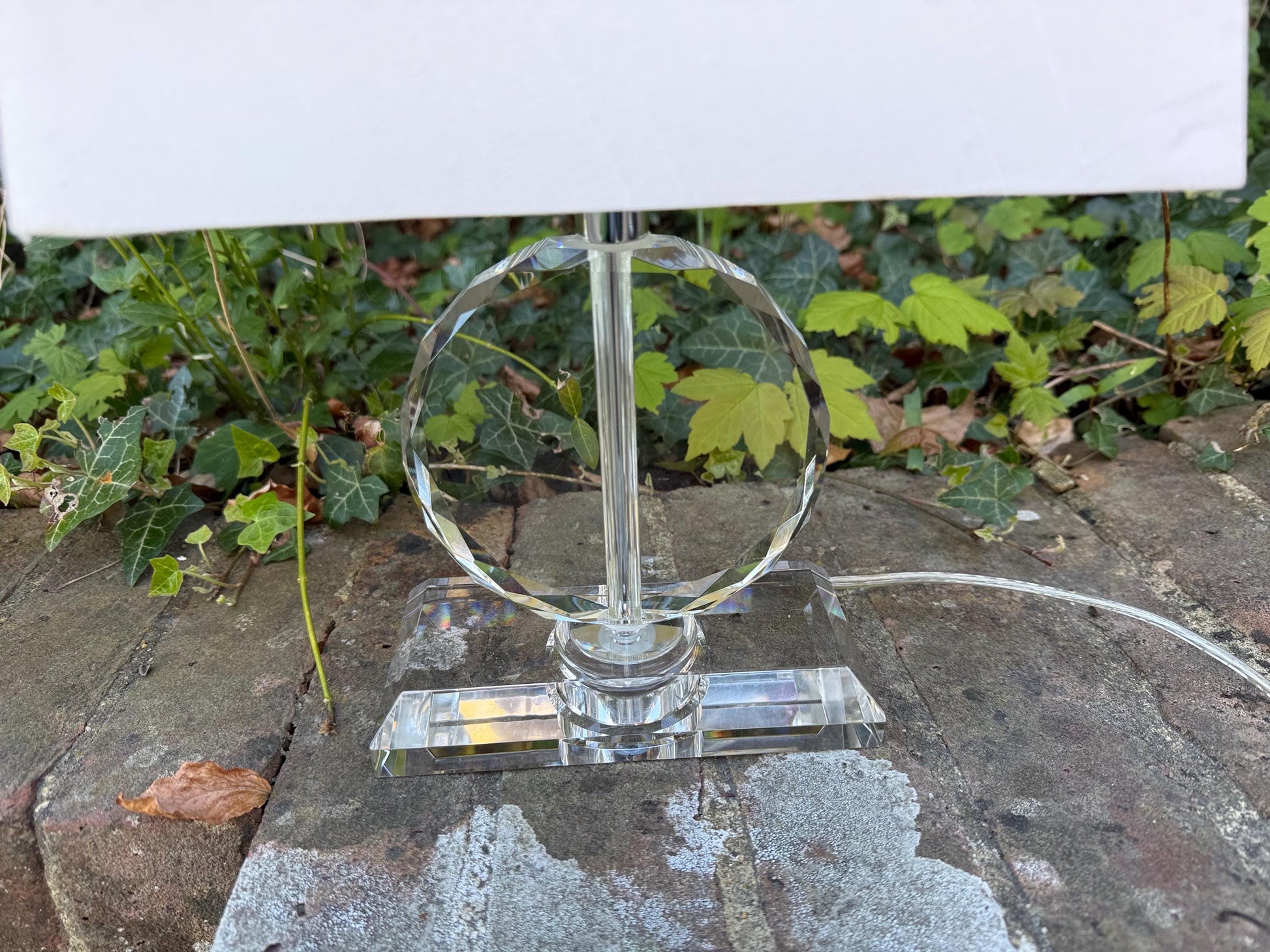 Pair crystal cut glass vintage table lamps, vintage glass lamps, with shades, working PAT tested x 2