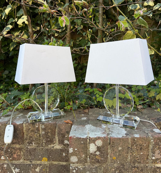 Pair crystal cut glass vintage table lamps, vintage glass lamps, with shades, working PAT tested x 2