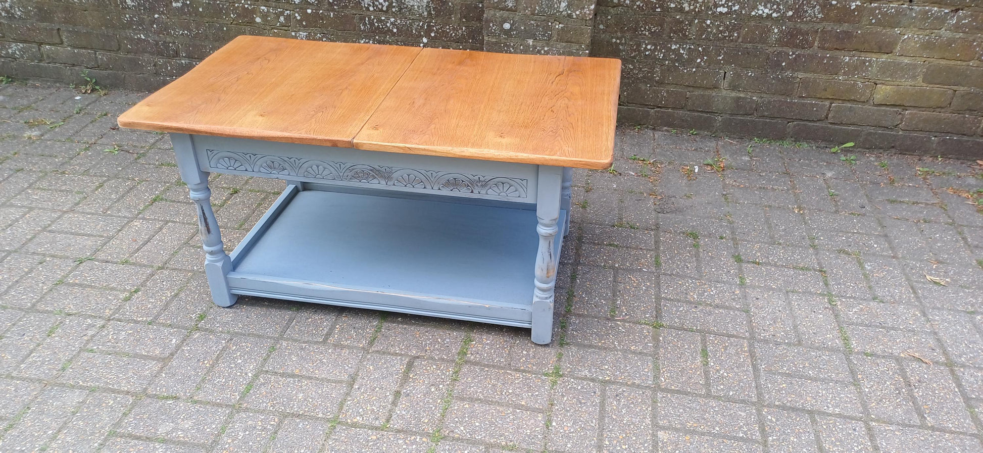 Rustic Grey Painted Coffee Table with Oak Veneer Top Sliding Storage Vintage Style with Danish Oil Finish Blue Grey FREE HAND Delivery