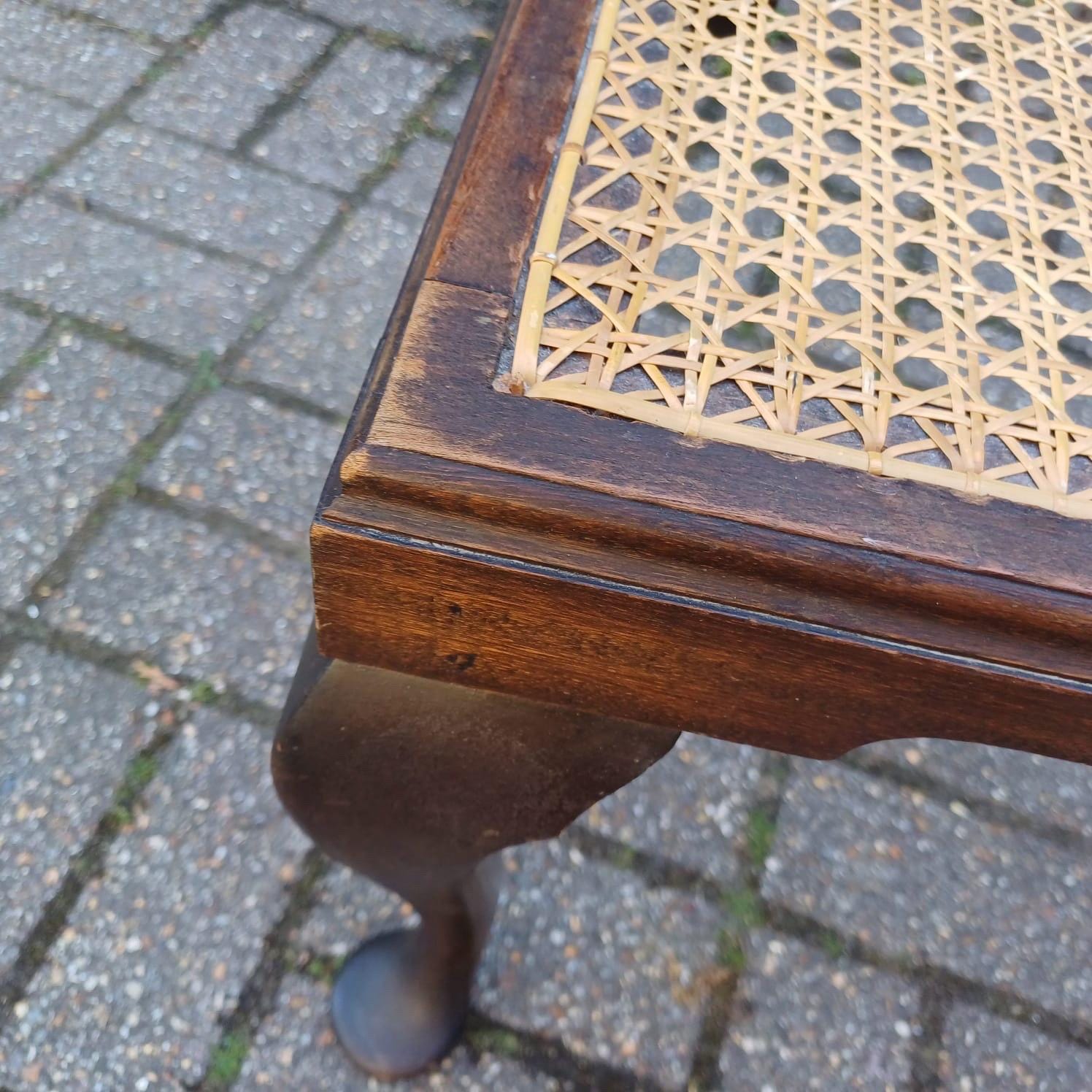 Vintage cane top stool with cabriole legs, Queen Anne style foot stool or side table, dark wood and rattan, traditional accent furniture