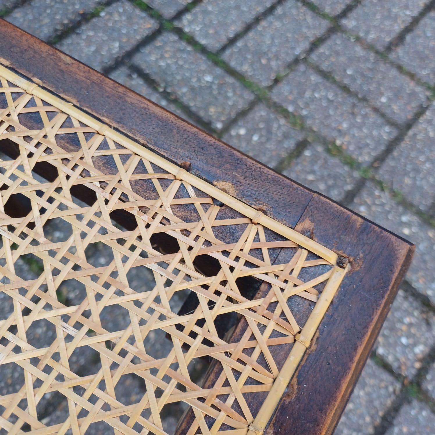 Vintage cane top stool with cabriole legs, Queen Anne style foot stool or side table, dark wood and rattan, traditional accent furniture