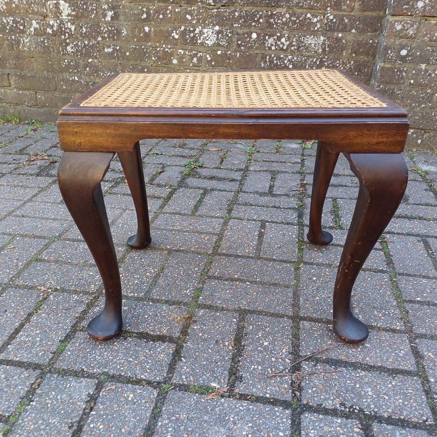 Vintage cane top stool with cabriole legs, Queen Anne style foot stool or side table, dark wood and rattan, traditional accent furniture