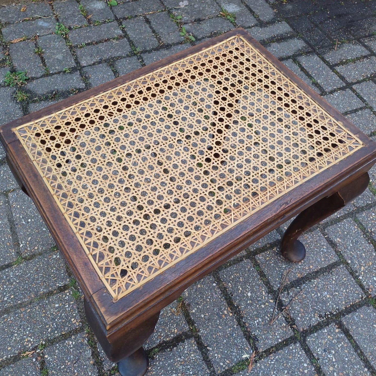 Vintage cane top stool with cabriole legs, Queen Anne style foot stool or side table, dark wood and rattan, traditional accent furniture