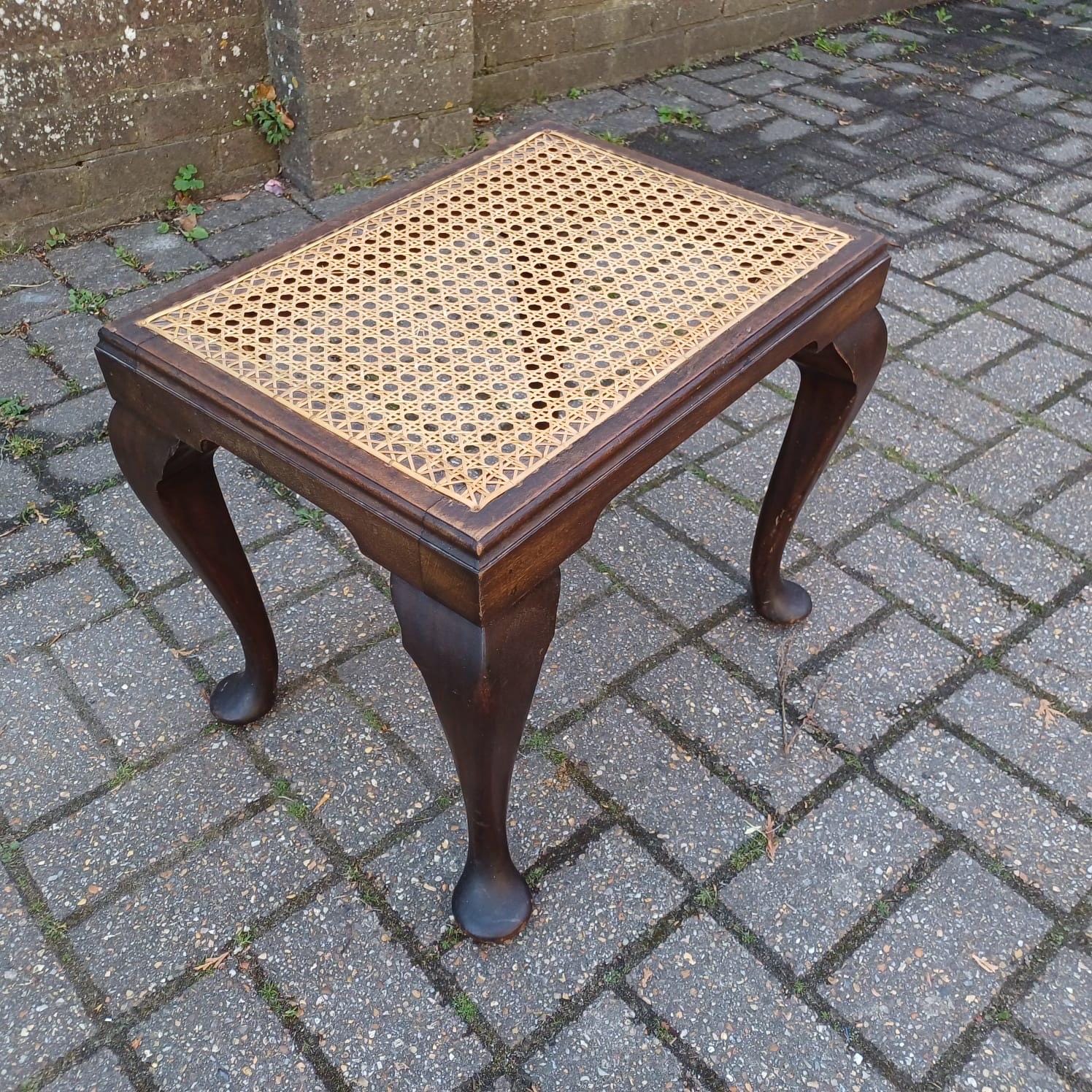 Vintage cane top stool with cabriole legs, Queen Anne style foot stool or side table, dark wood and rattan, traditional accent furniture