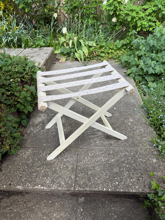 light wooden painted luggage rack. Folding luggage rack. Luggage store. Woven stool. Retro folding stool.