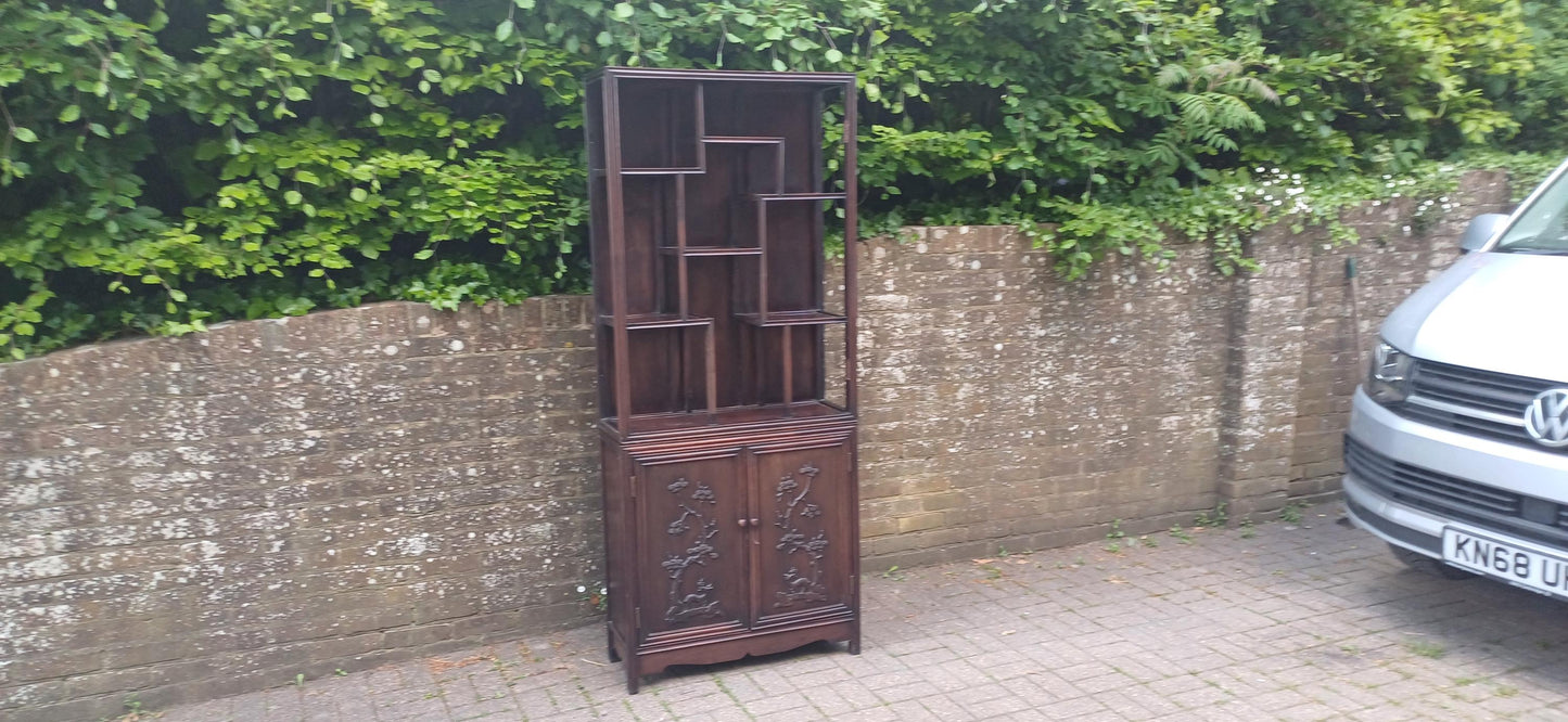Victorian Hardwood Display Cabinet – Ornate Oriental Style Step Shelves & Carved Base, Late 19th Century Zig Zag Shelves FREE HAND Delivery