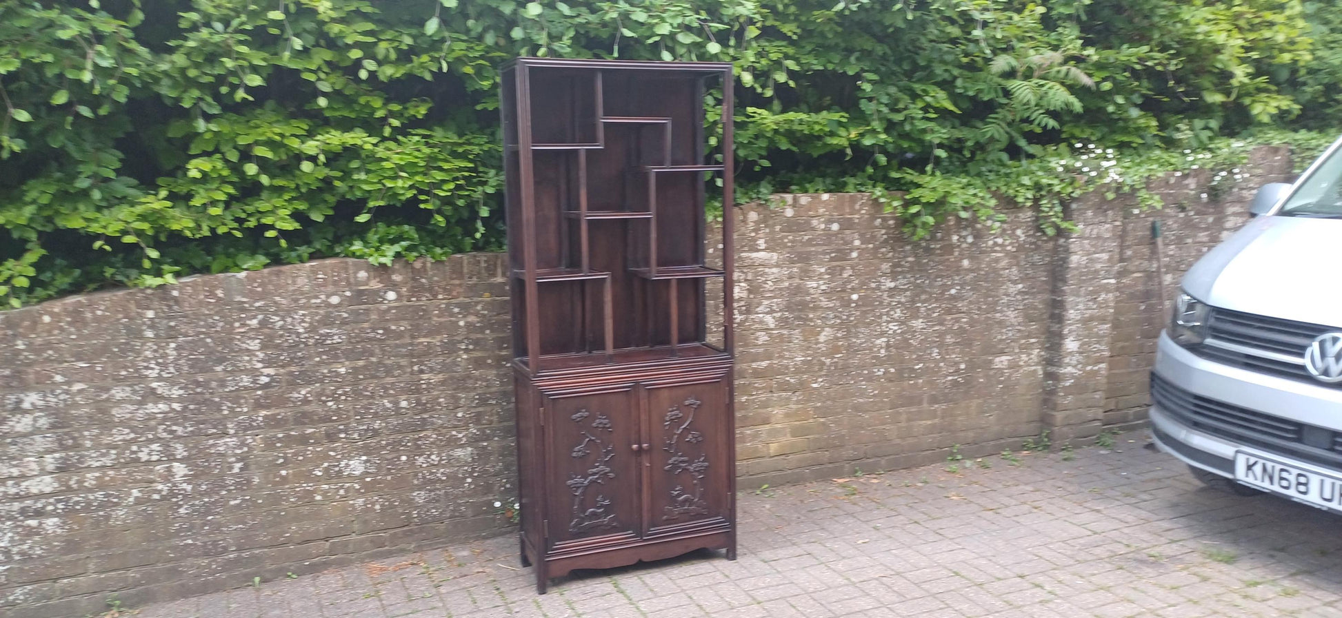 Victorian Hardwood Display Cabinet – Ornate Oriental Style Step Shelves & Carved Base, Late 19th Century Zig Zag Shelves FREE HAND Delivery