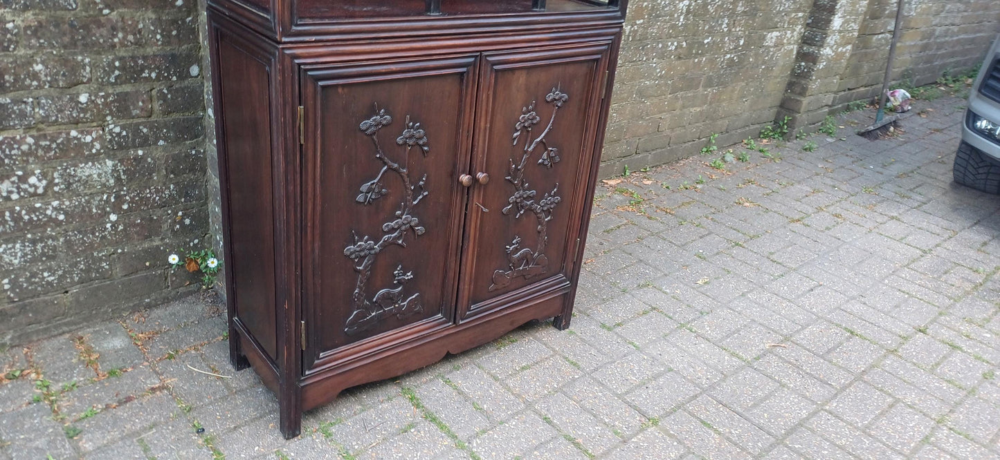 Victorian Hardwood Display Cabinet – Ornate Oriental Style Step Shelves & Carved Base, Late 19th Century Zig Zag Shelves FREE HAND Delivery