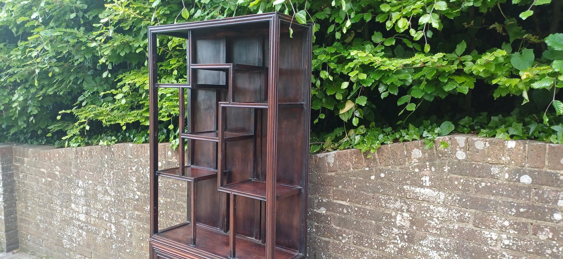 Victorian Hardwood Display Cabinet – Ornate Oriental Style Step Shelves & Carved Base, Late 19th Century Zig Zag Shelves FREE HAND Delivery
