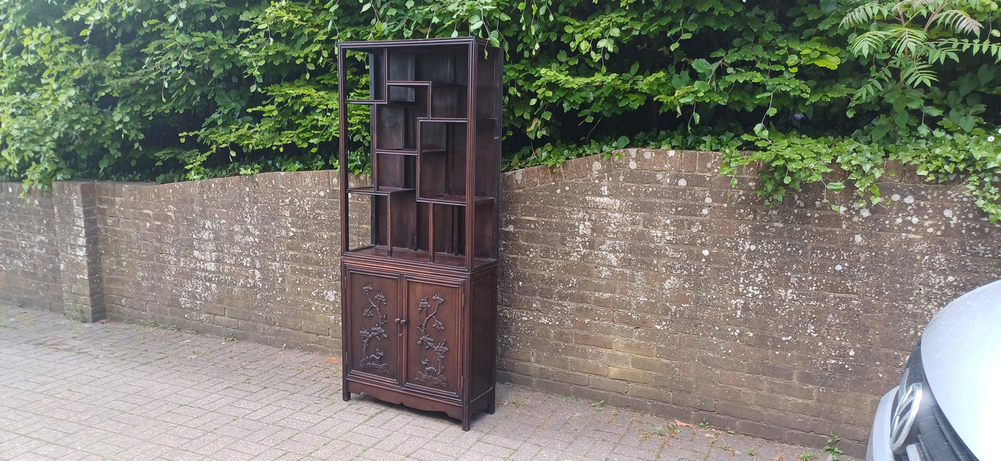 Victorian Hardwood Display Cabinet – Ornate Oriental Style Step Shelves & Carved Base, Late 19th Century Zig Zag Shelves FREE HAND Delivery
