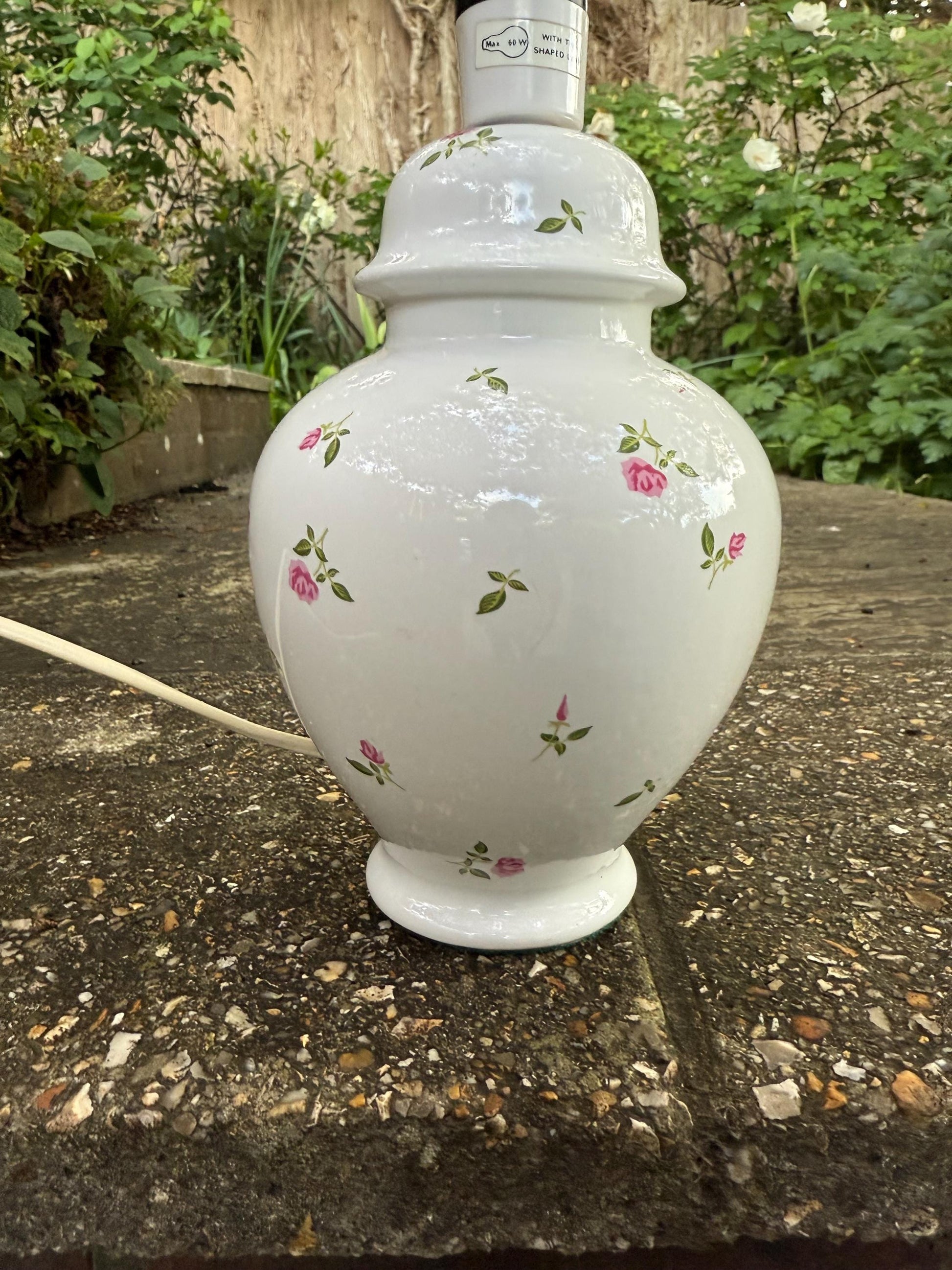 Vintage St Michael Ceramic Table Lamp with Pink Rosebud pattern, 1970s lamp, cottage and country style, working