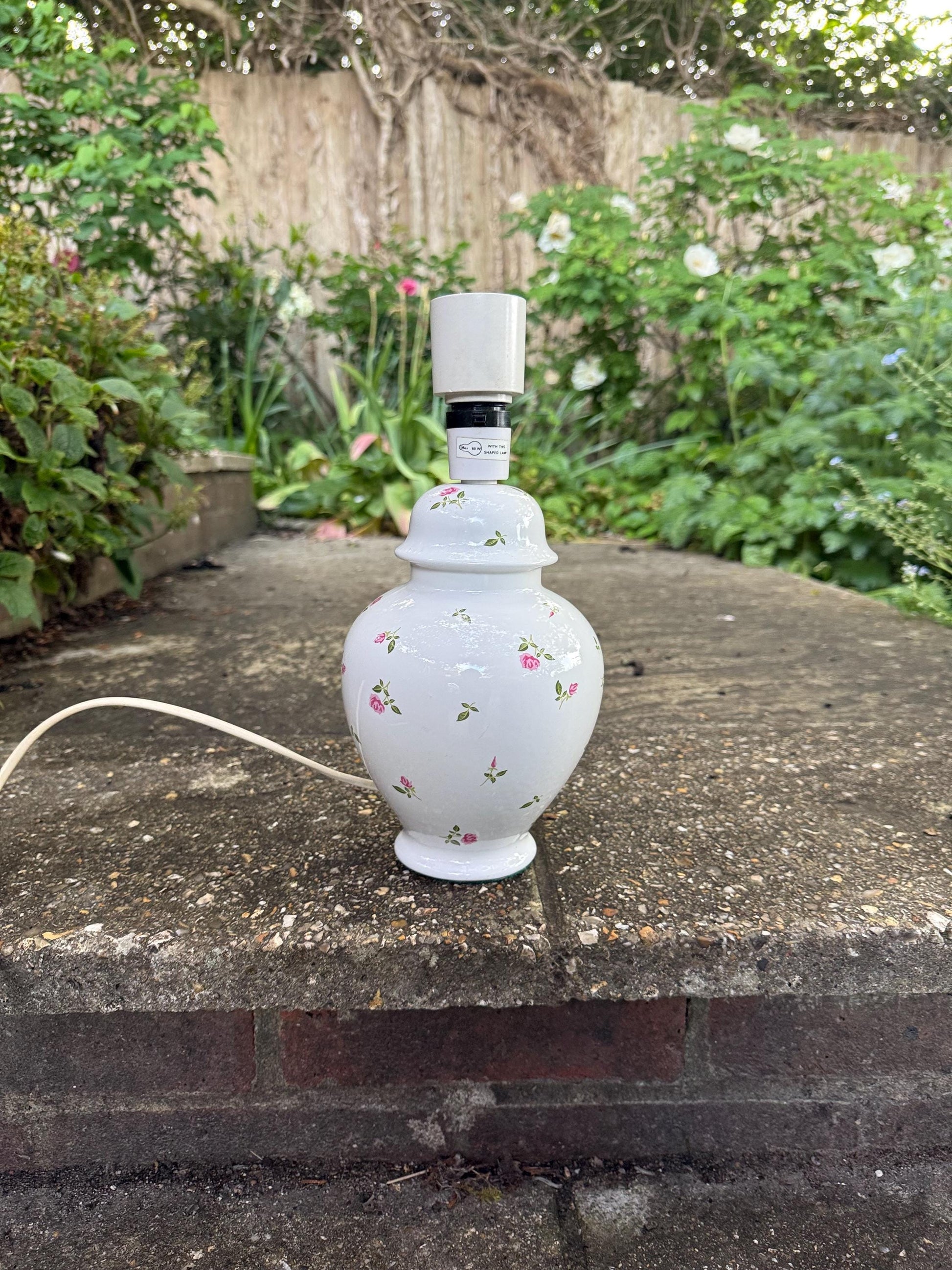 Vintage St Michael Ceramic Table Lamp with Pink Rosebud pattern, 1970s lamp, cottage and country style, working