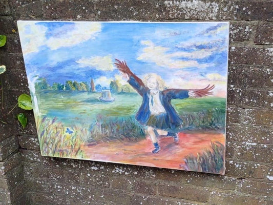 Original Acrylic Painting on Canvas of Joyful Child Running in Nature | Whimsical Icarus-Inspired Art | Impressionist Painting 81 x 59cm