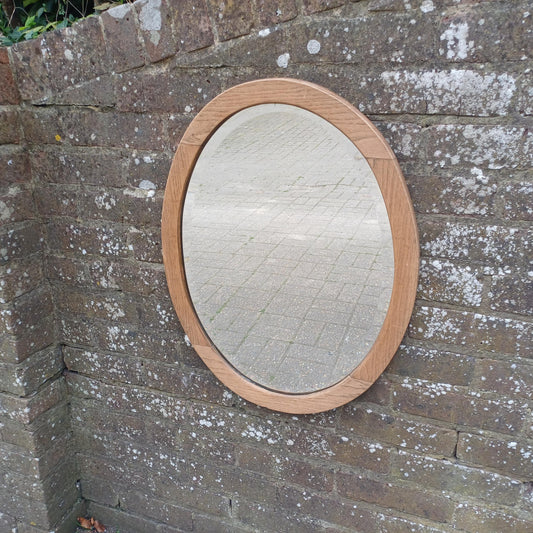 Beautiful Quality Large Vintage Stripped 1920s Solid Oak Oval Wall Mirror with Bevelled Glass