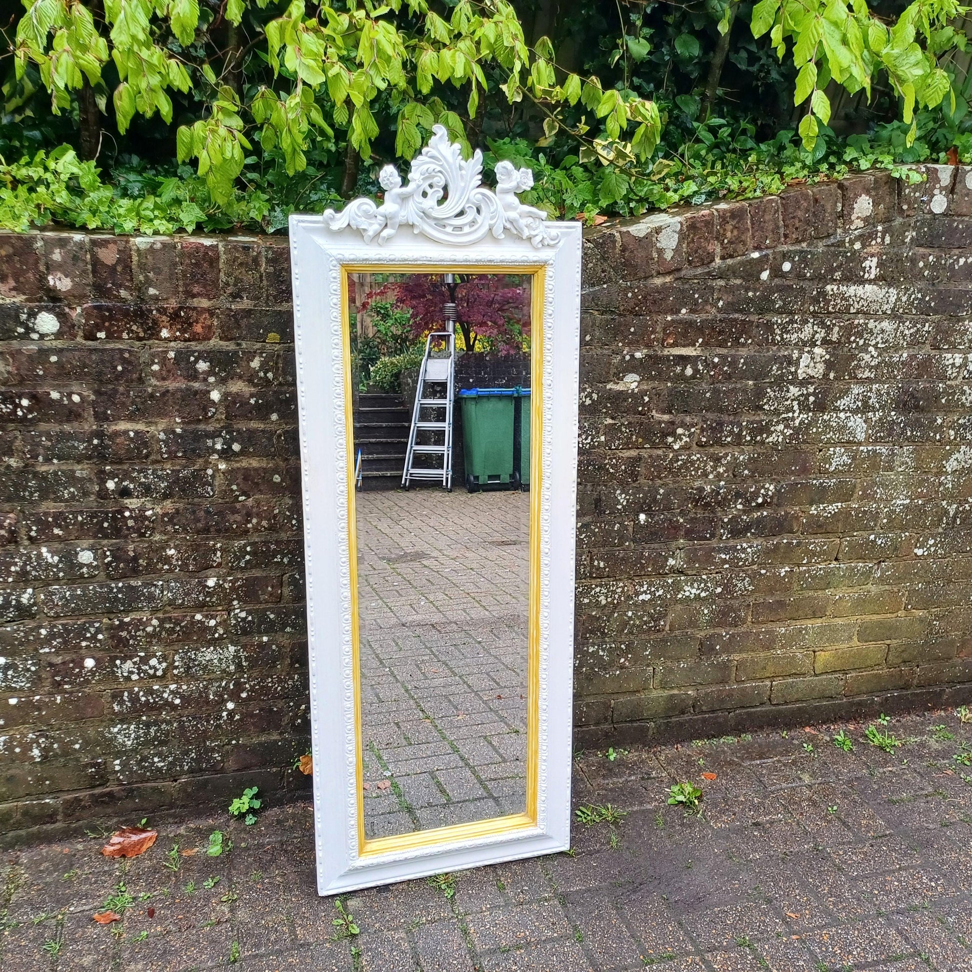 Tall Hand Painted Ornate Wall Mirror with Cherub Detail Vintage White & Gold Rococo Style Full-Length Shabby Chic Mirror FREE HAND Delivery