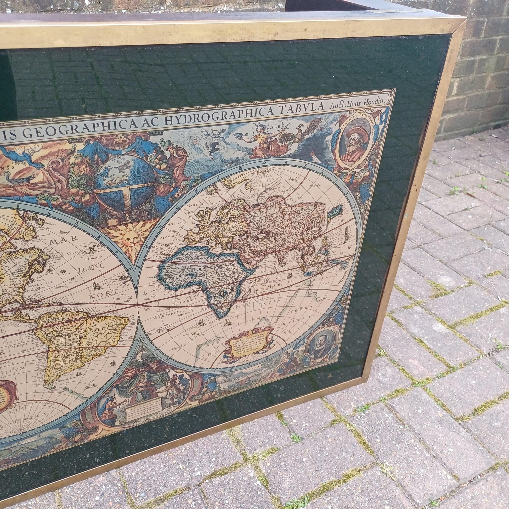 Vintage Retro Explorer’s Coffee Table 17th Century World Map Under Glass with Brass Frame, Teak Legs, Mid-Century Style FREE HAND Delivery