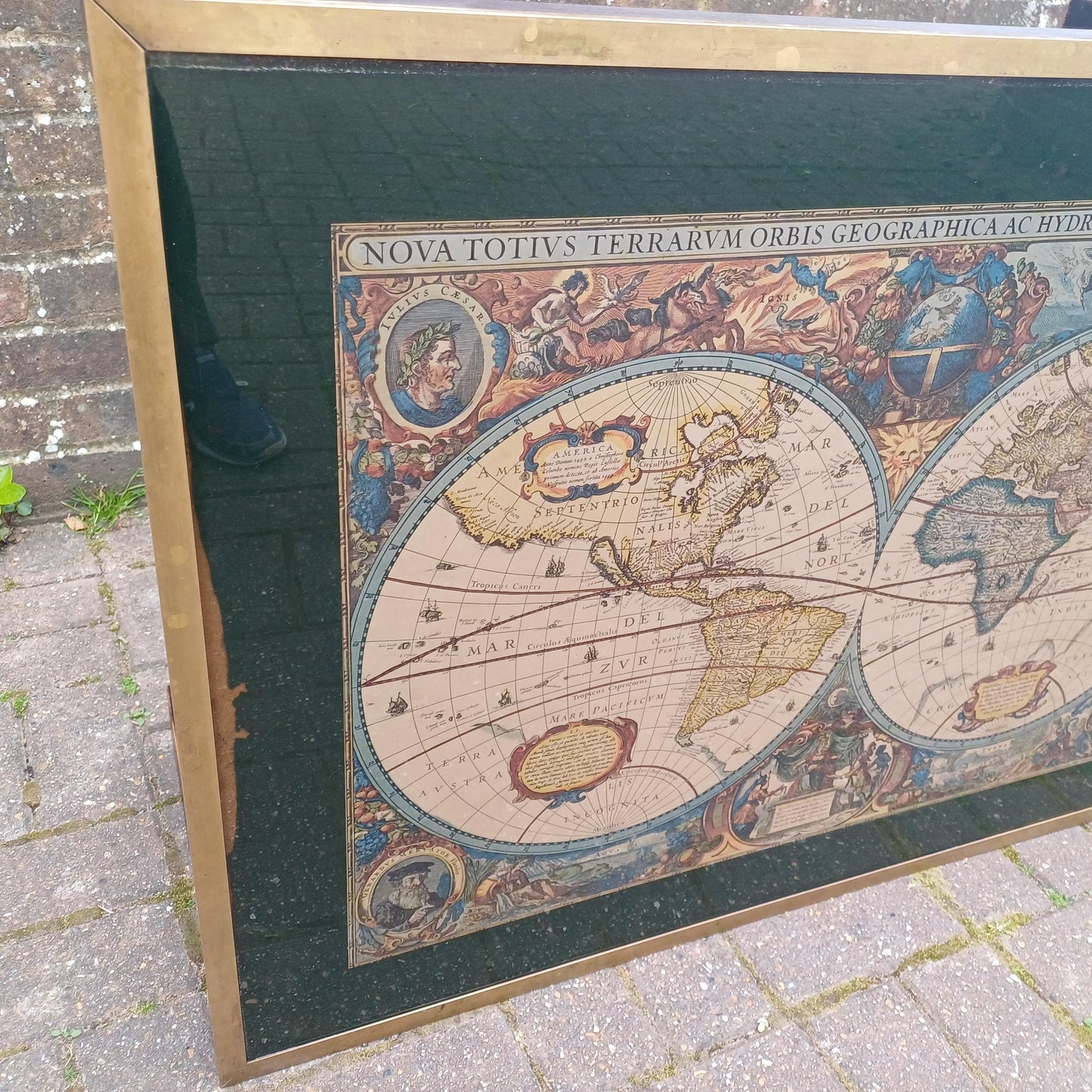 Vintage Retro Explorer’s Coffee Table 17th Century World Map Under Glass with Brass Frame, Teak Legs, Mid-Century Style FREE HAND Delivery