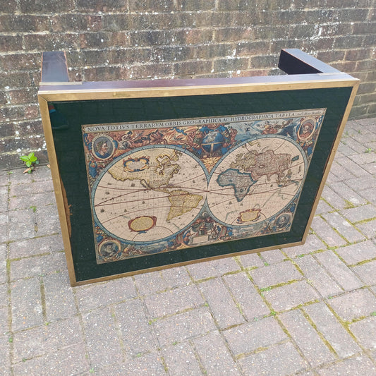 Vintage Retro Explorer’s Coffee Table 17th Century World Map Under Glass with Brass Frame, Teak Legs, Mid-Century Style FREE HAND Delivery