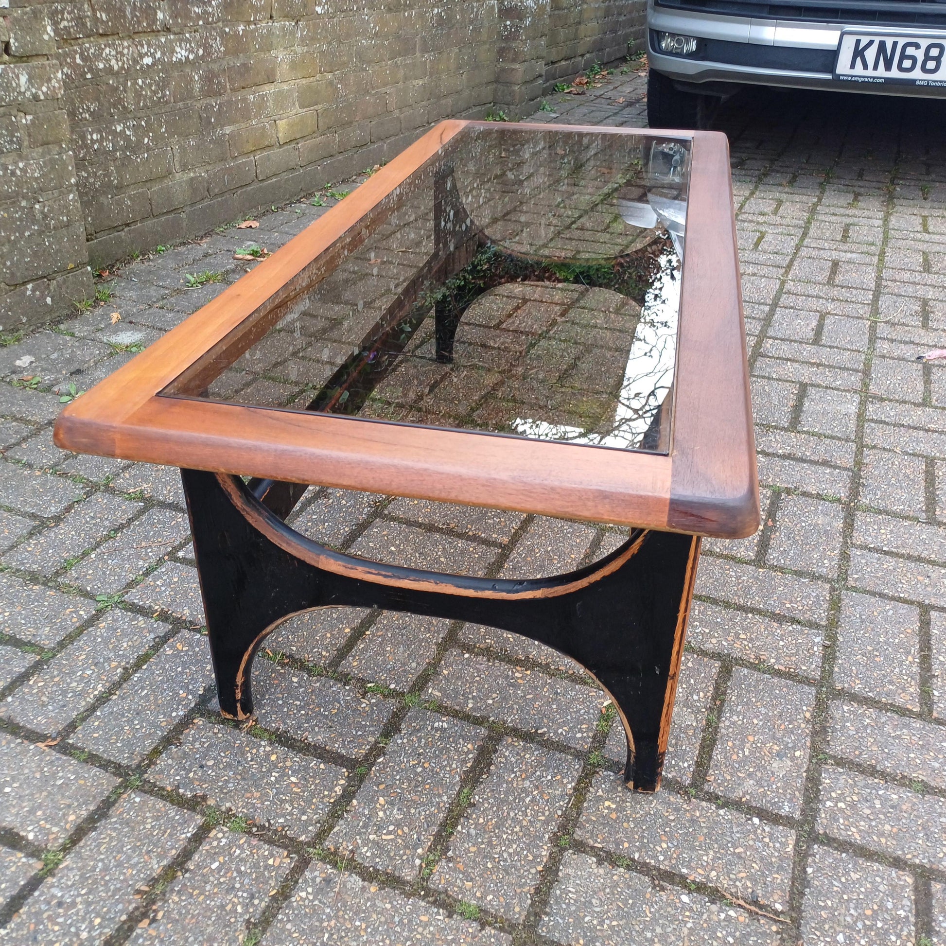 Unique 1970s Danish Style Coffee Table Smoked Glass Top, Black Painted Base, Distressed Upcycled Finish