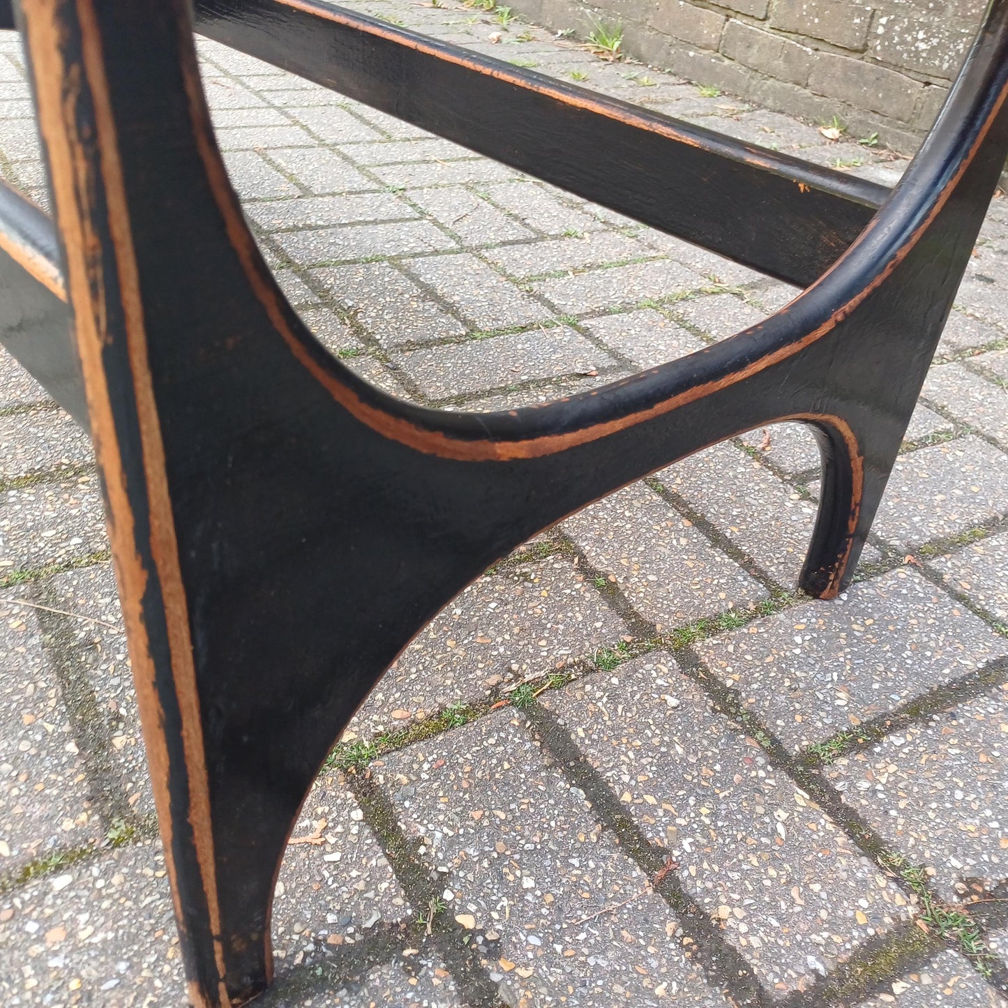 Unique 1970s Danish Style Coffee Table Smoked Glass Top, Black Painted Base, Distressed Upcycled Finish