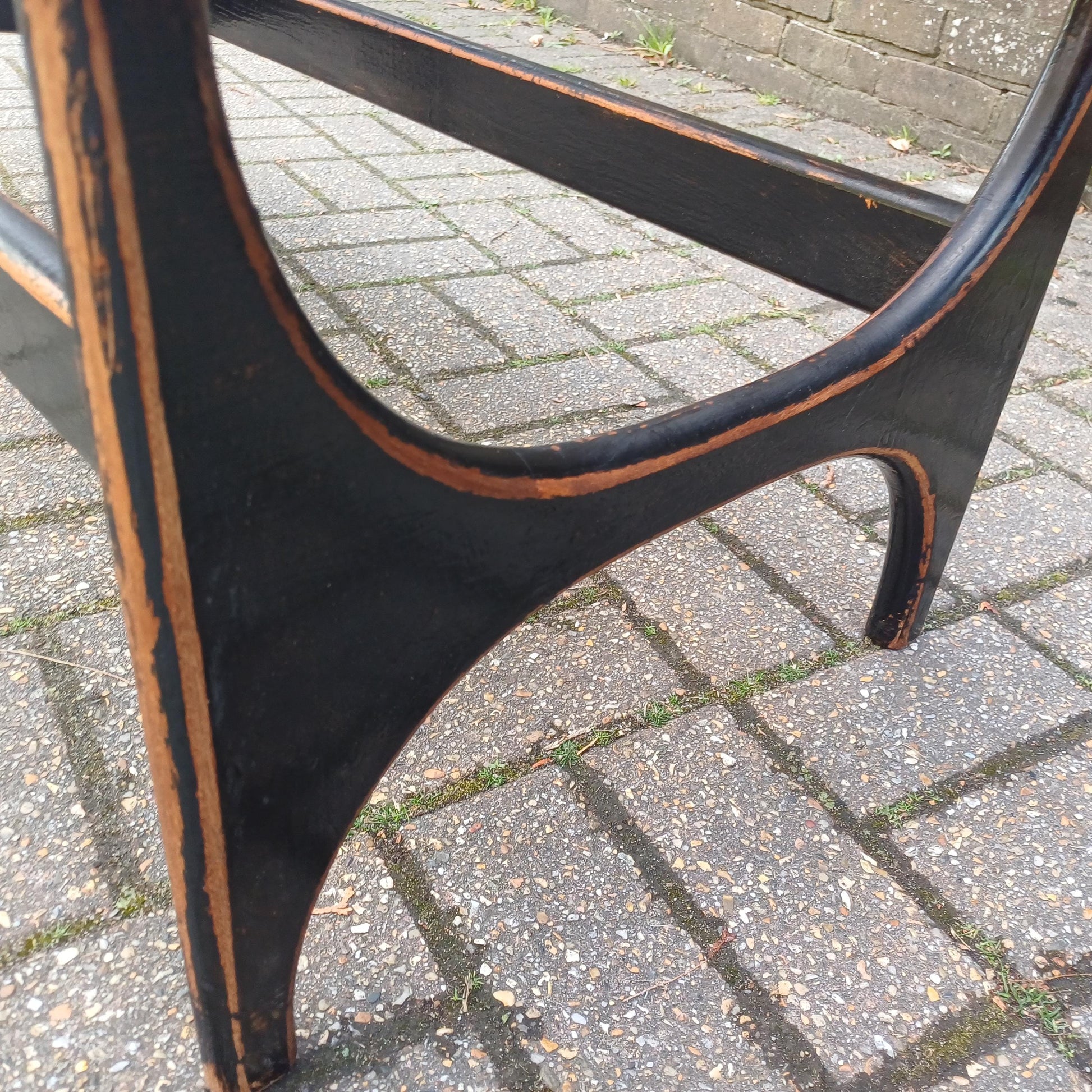 Unique 1970s Danish Style Coffee Table Smoked Glass Top, Black Painted Base, Distressed Upcycled Finish