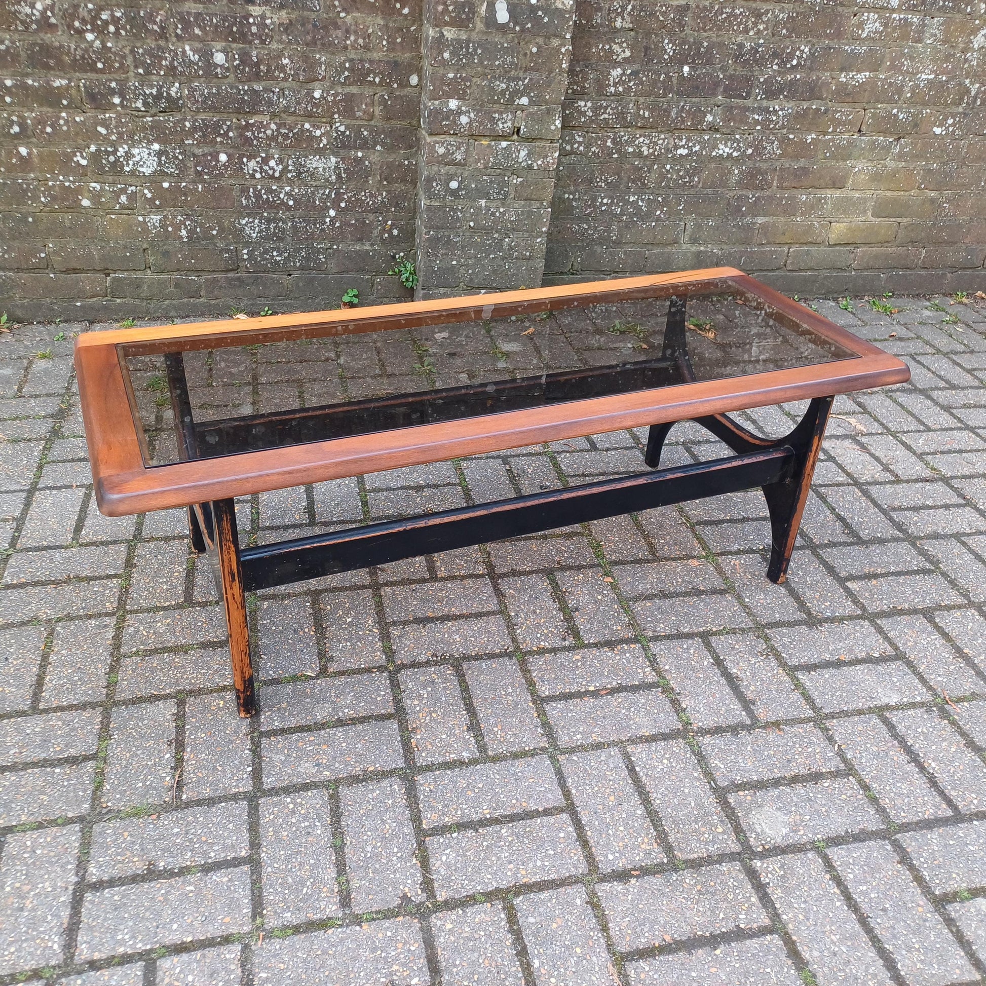 Unique 1970s Danish Style Coffee Table Smoked Glass Top, Black Painted Base, Distressed Upcycled Finish