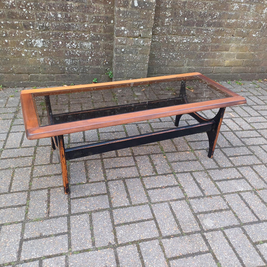 Unique 1970s Danish Style Coffee Table Smoked Glass Top, Black Painted Base, Distressed Upcycled Finish
